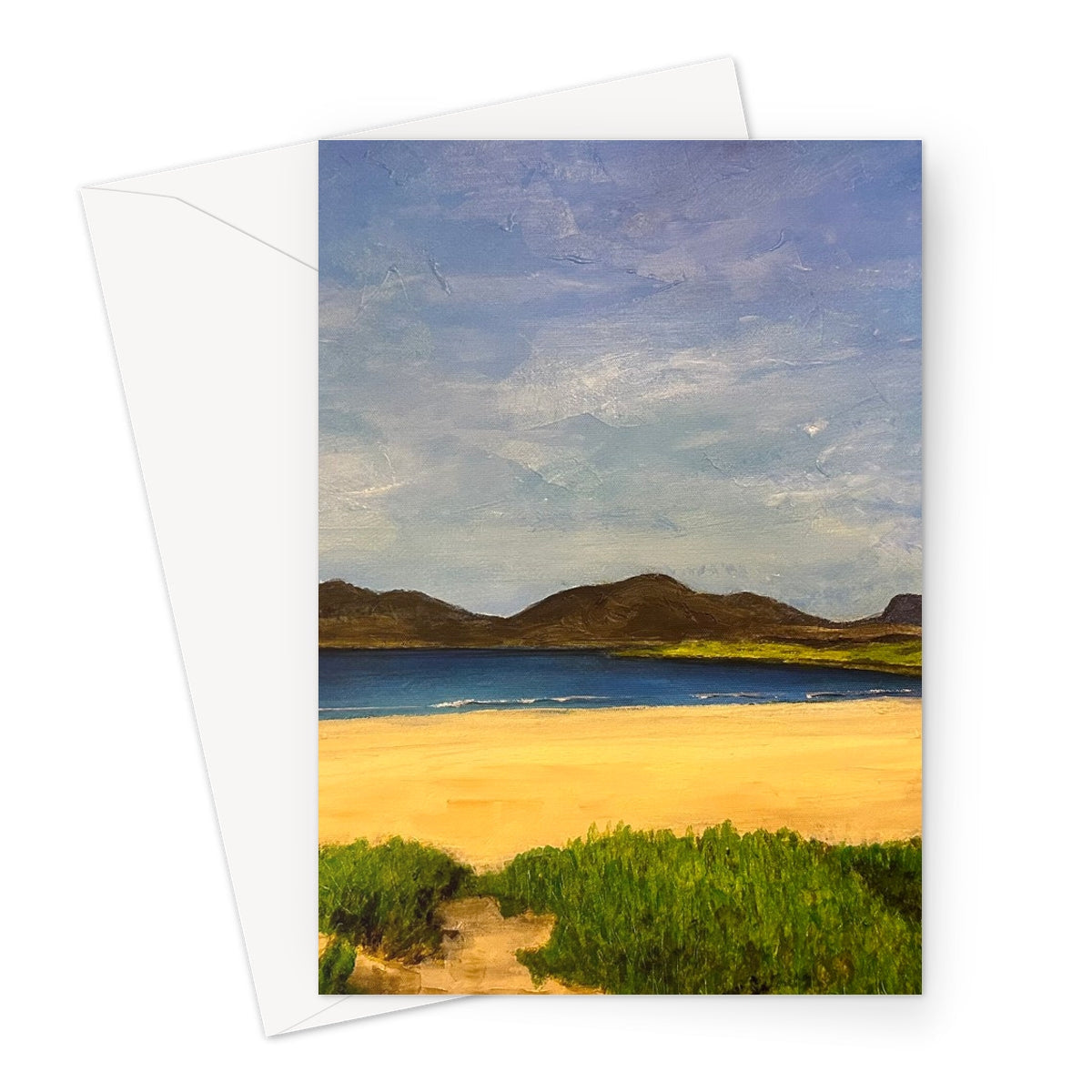 Luskentyre Beach Harris greeting card with sandy shore, shrubs, blue sky, mountains