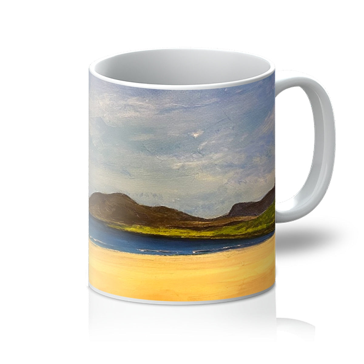 Luskentyre Beach Harris ceramic mug with earthy mountain landscape design
