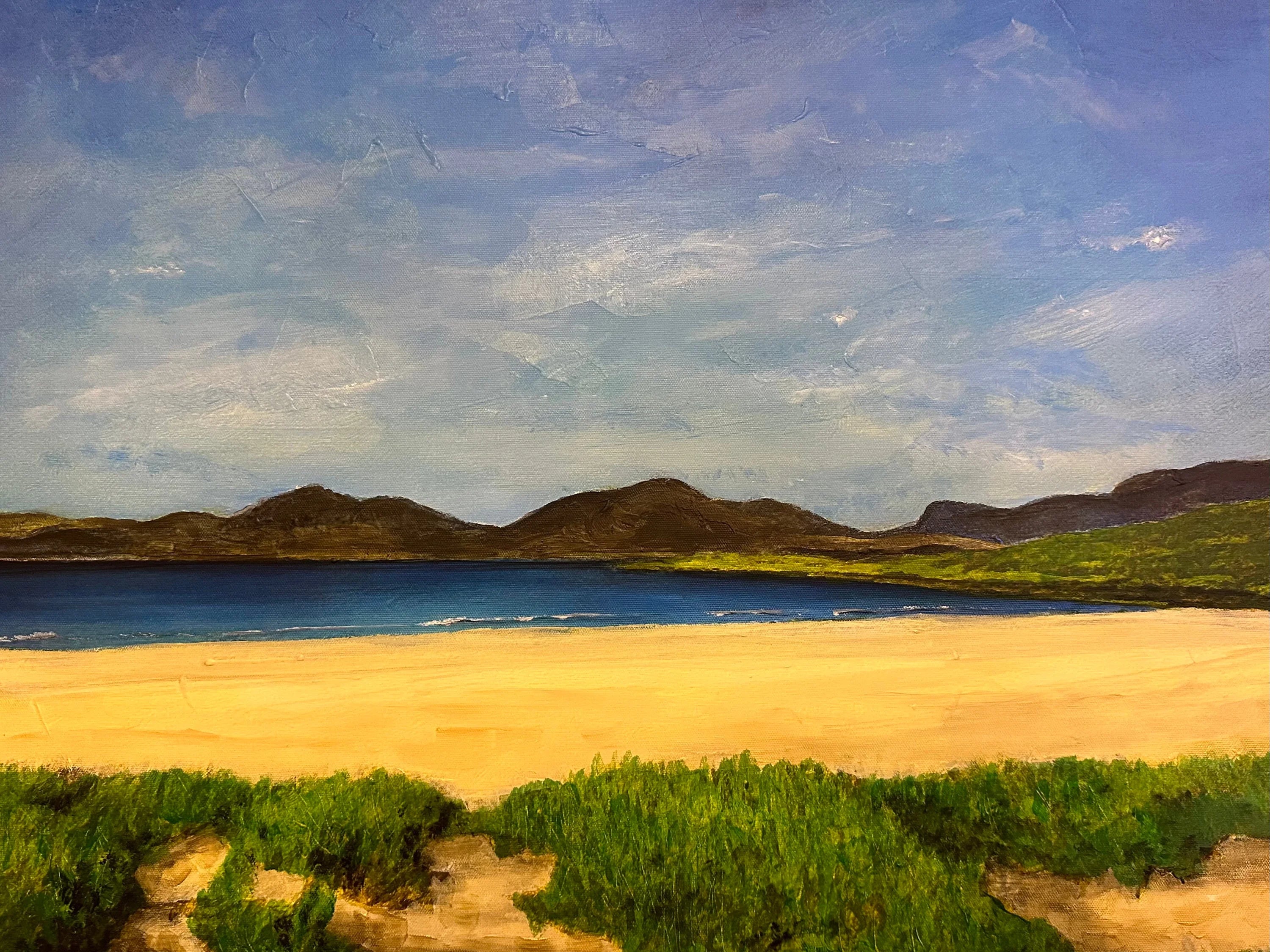 Coastal landscape painting of Luskentyre Beach showcasing scenic shoreline and vibrant colors