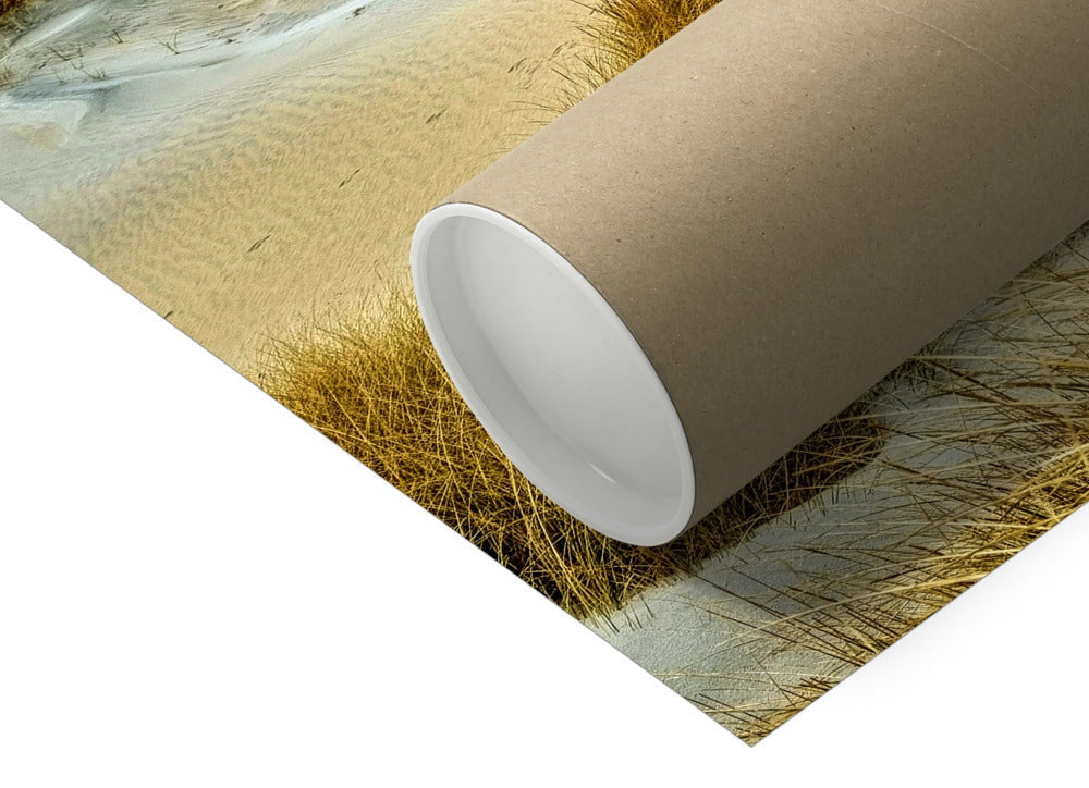 Luskentyre Sand Dunes print in beige tube with beach grass poster