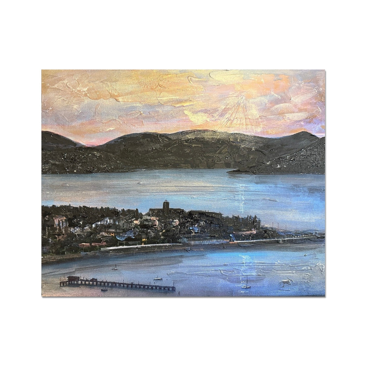 Textured oil painting of a coastal town with mountains and a pier from Lyle Hill Artist Proof Collector Print