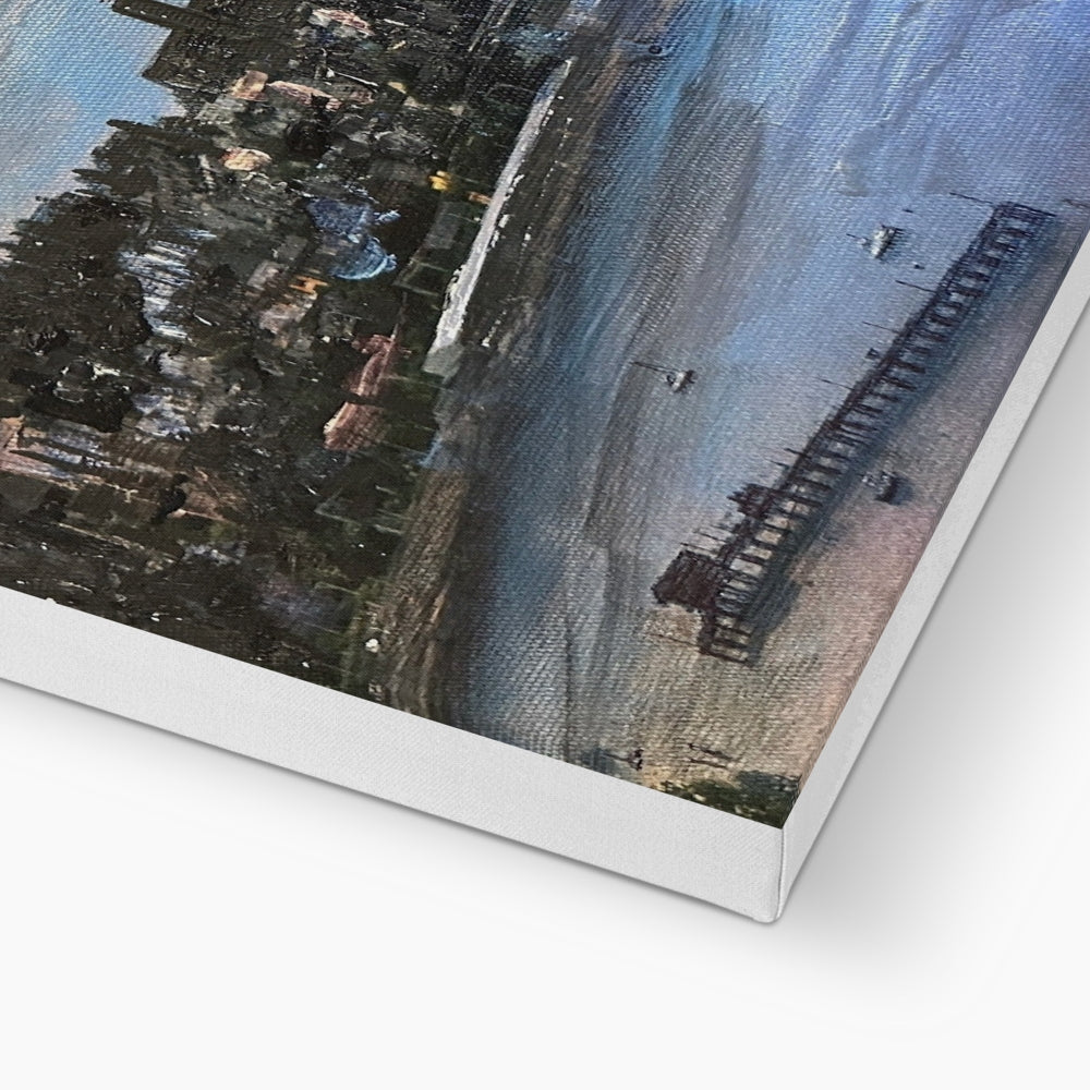 Canvas print of beach scene with pier and skyline in muted tones from Lyle Hill