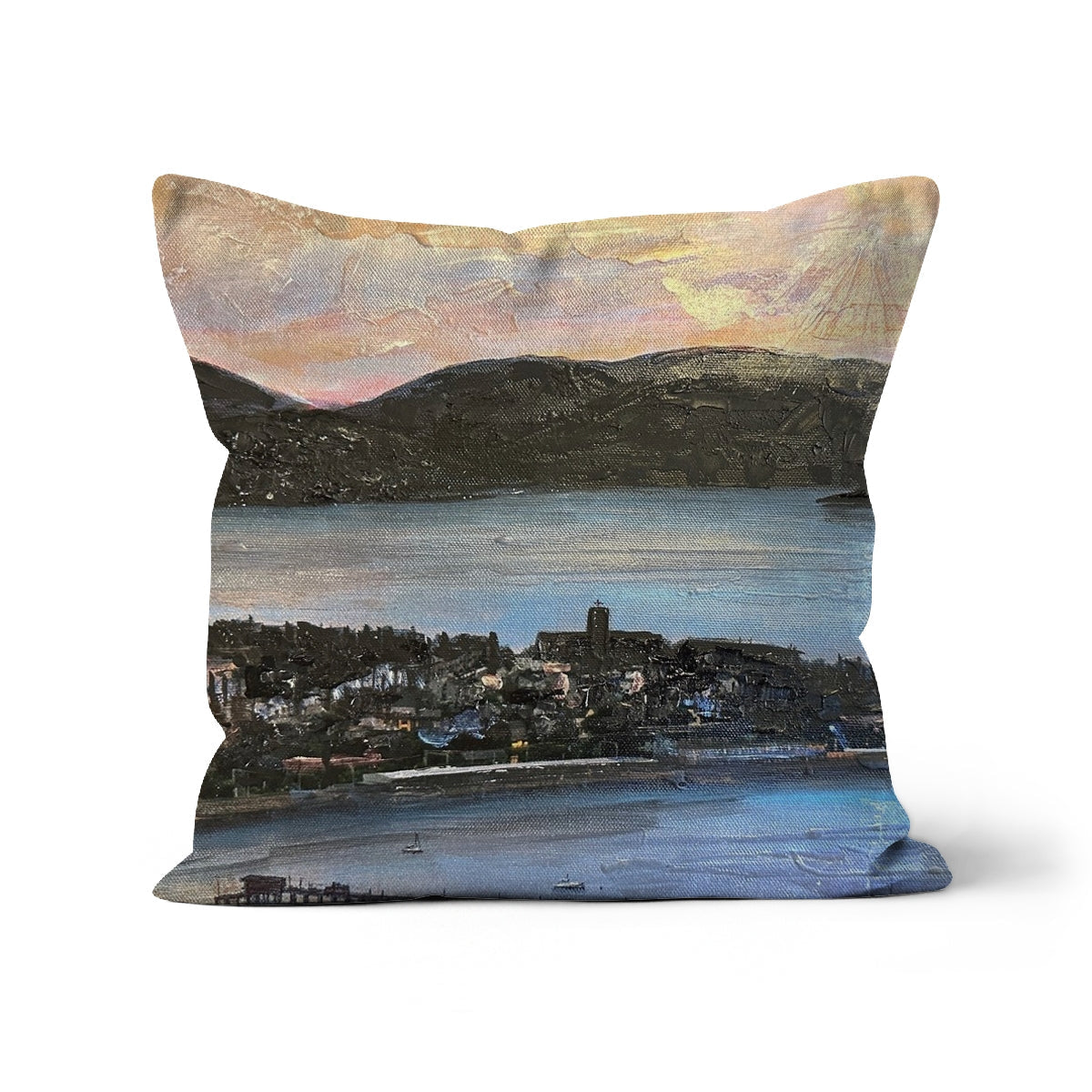 From Lyle Hill Cushion with blue-gray mountain and water landscape