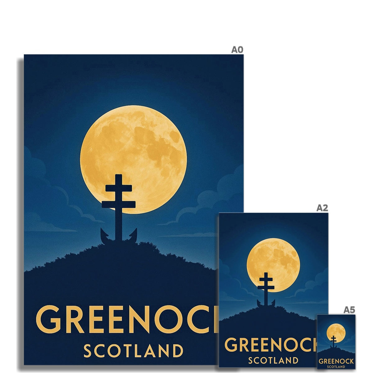 Lyle Hill Greenock Yellow Moon Poster with Black Cross on Blue Background