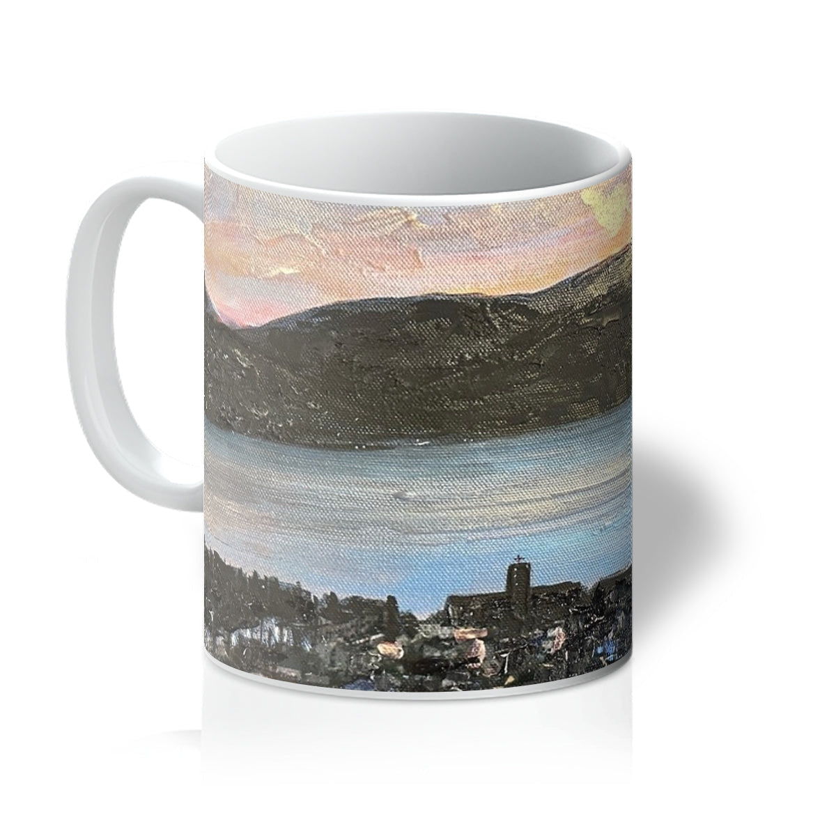 Ceramic From Lyle Hill Mug with mountain landscape design, white handle and rim