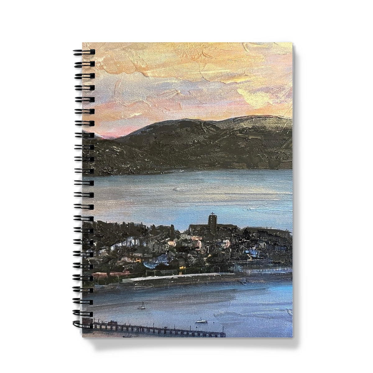 Spiral-bound From Lyle Hill Notebook with coastal landscape cover in muted blues and greens