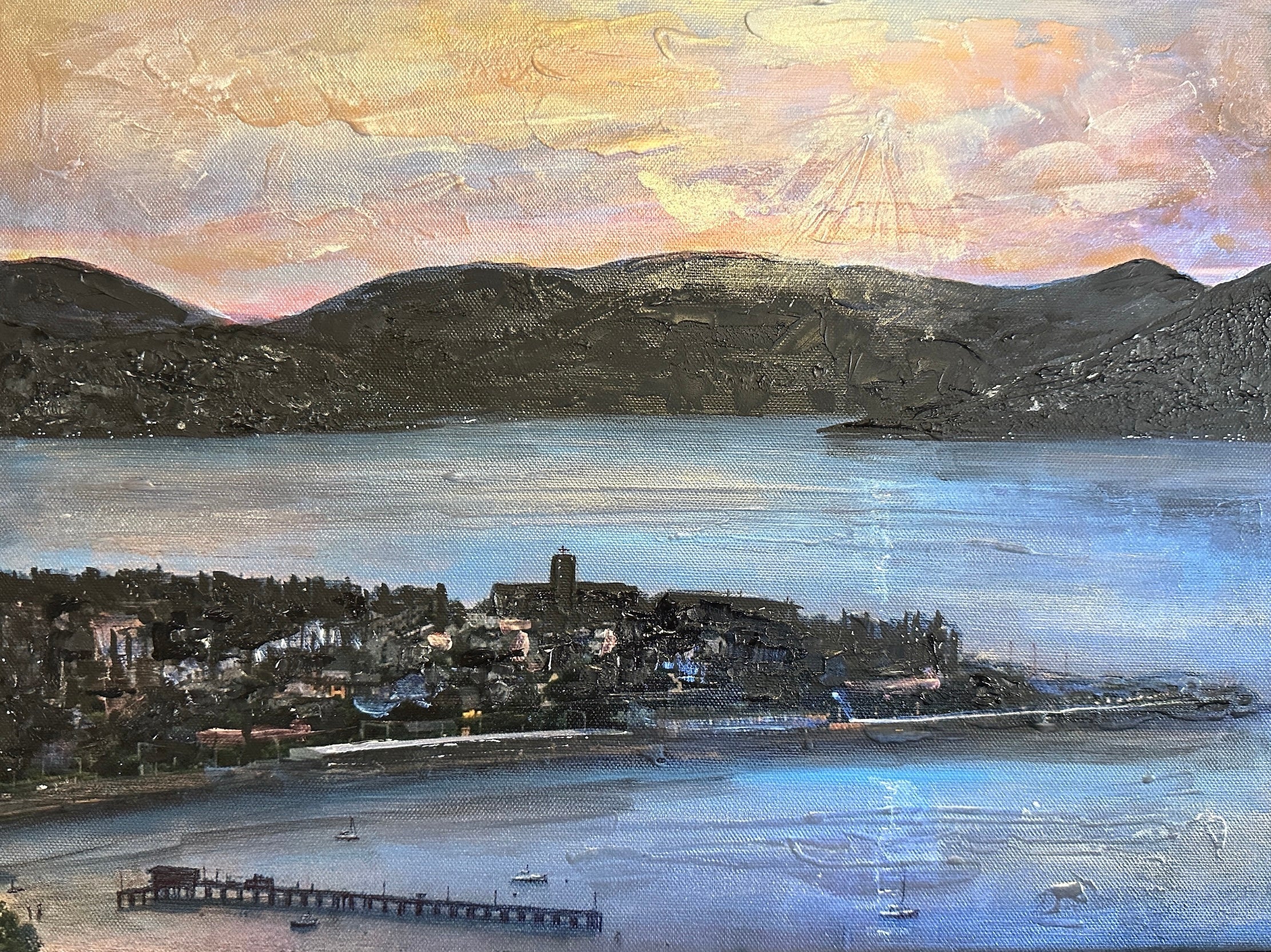 Textured oil painting of a lakeside town at sunset with mountains and a pier, From Lyle Hill Original Painting
