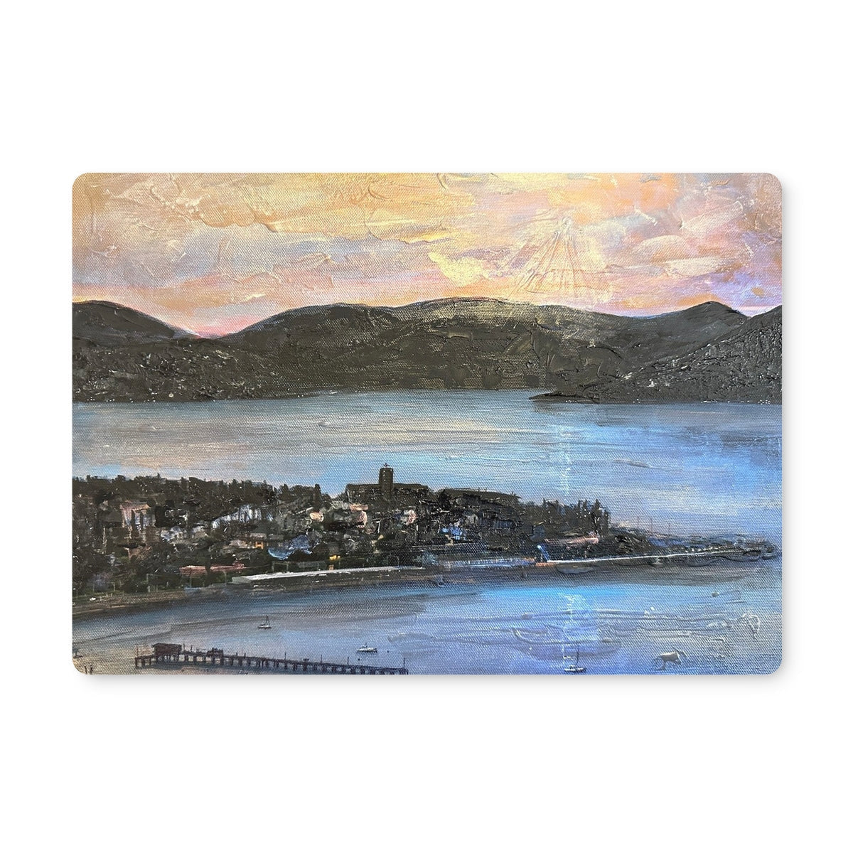 Blue and white abstract coastal town painting featured on the From Lyle Hill Placemat