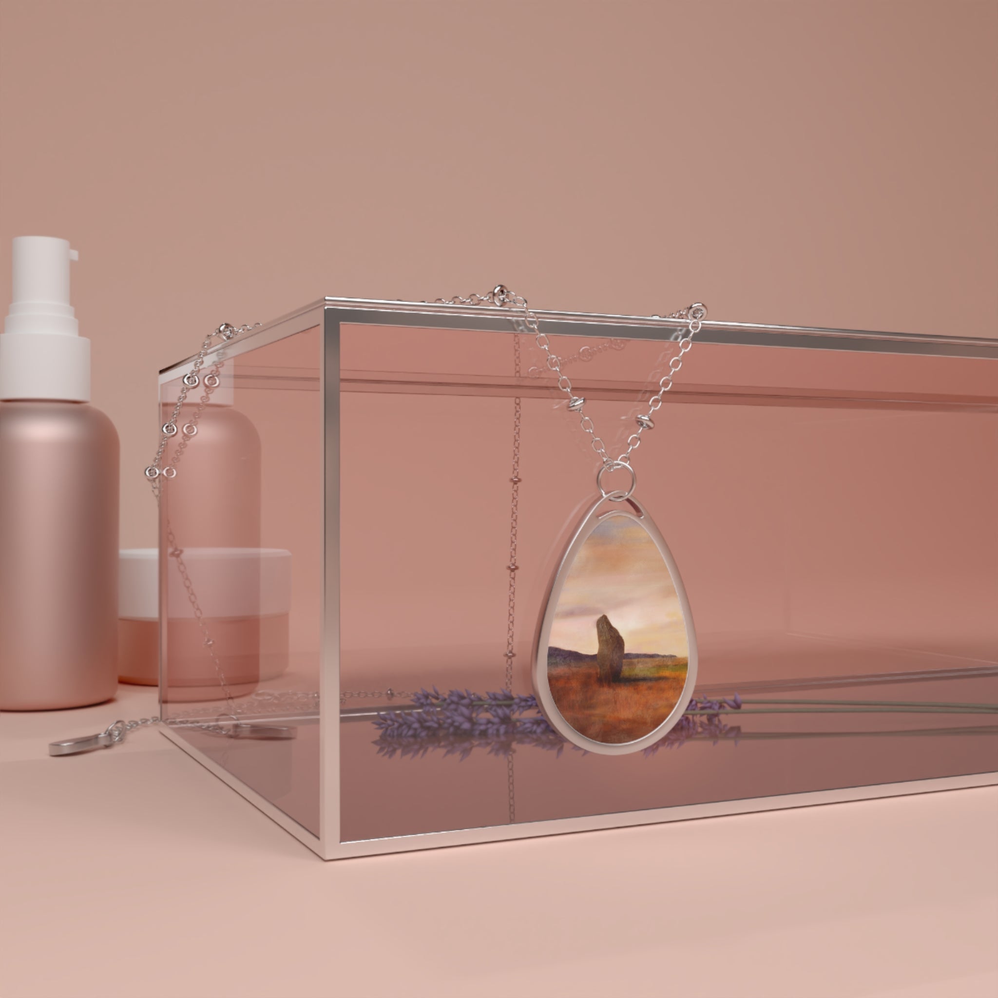 Machrie Moor silver teardrop pendant necklace with Scottish landscape print