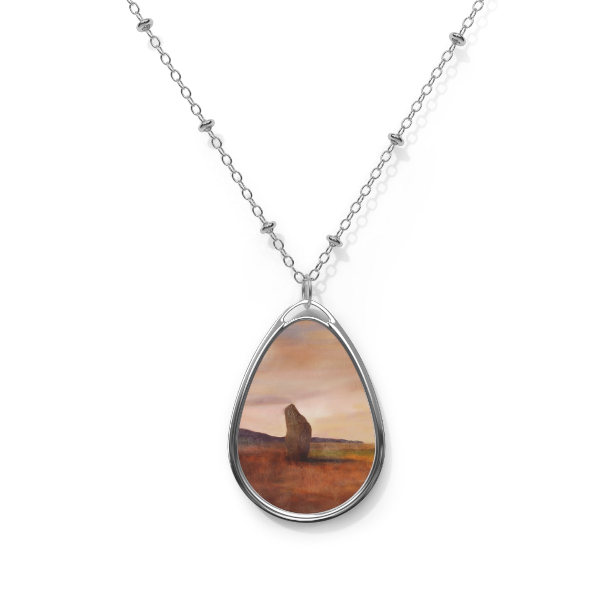 Silver teardrop pendant necklace with Machrie Moor standing stone print