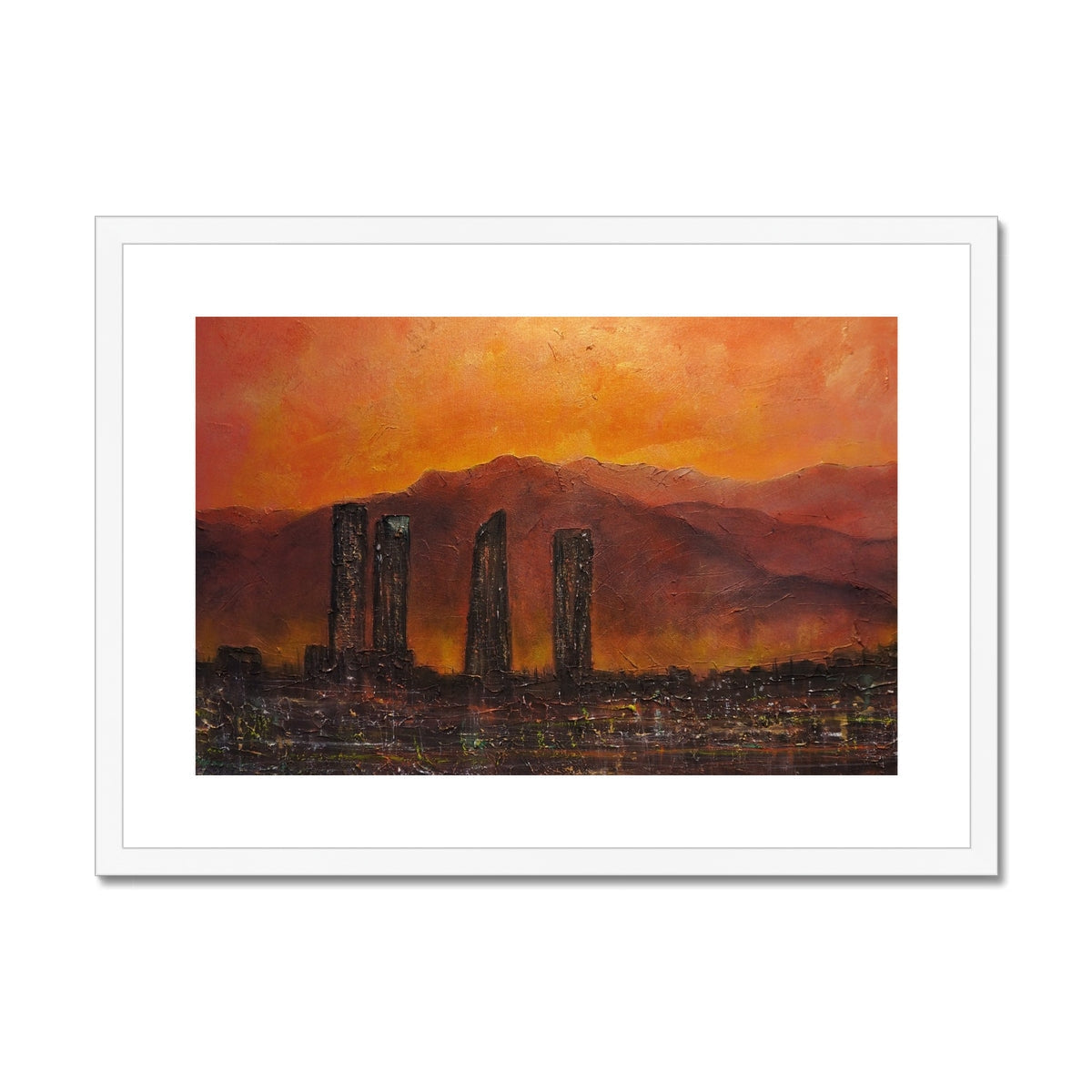 Madrid Dusk framed print of white cityscape with skyscrapers and mountains