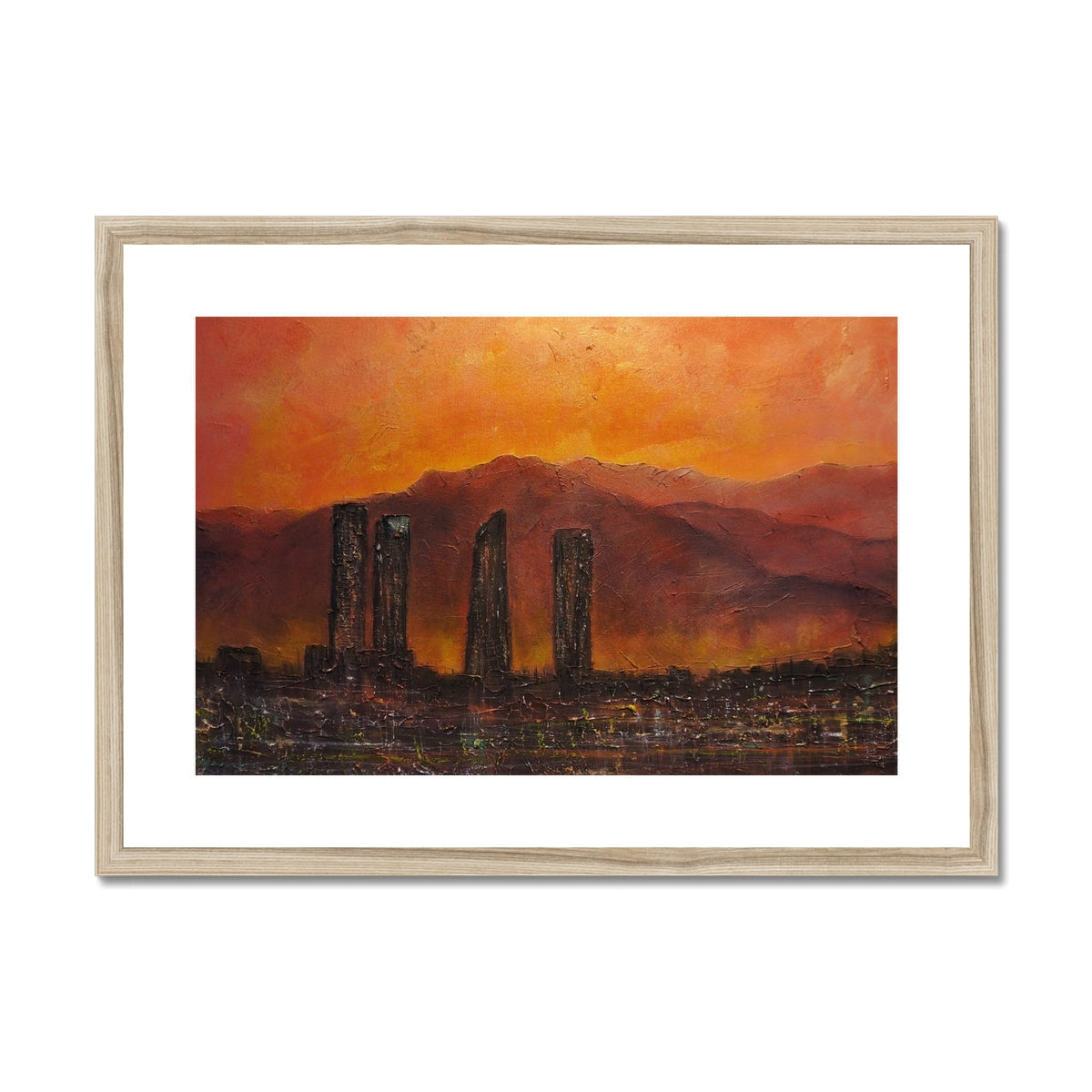 Madrid Dusk wooden-framed cityscape print with orange-hued buildings and mountains