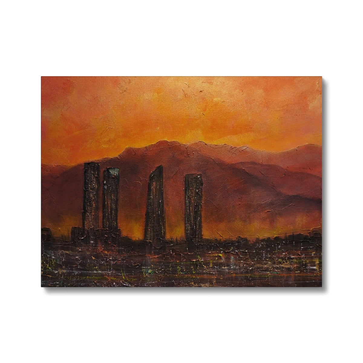 Madrid Dusk Canvas: Modern city skyline with skyscrapers and fiery sunset mountains