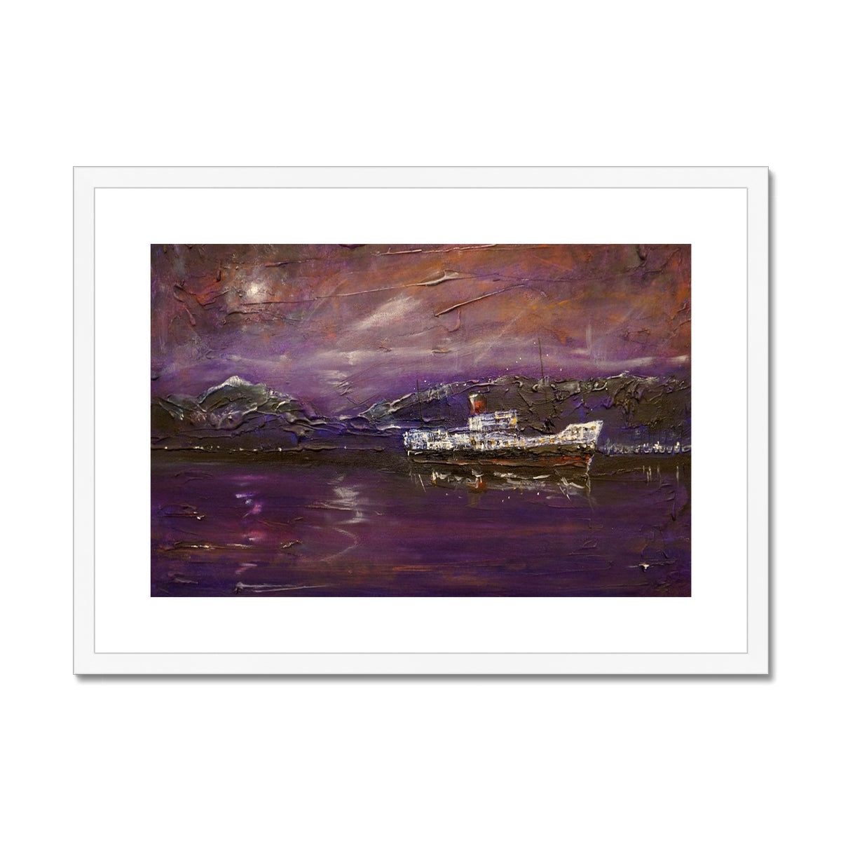Purple and white framed Maid of the Loch moonlight ship art print