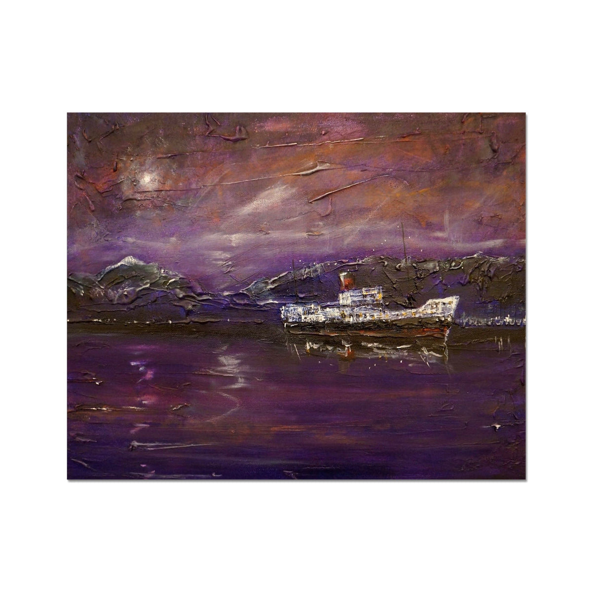 Purple and white boat painting on canvas, Maid of the Loch Moonlight artist proof print