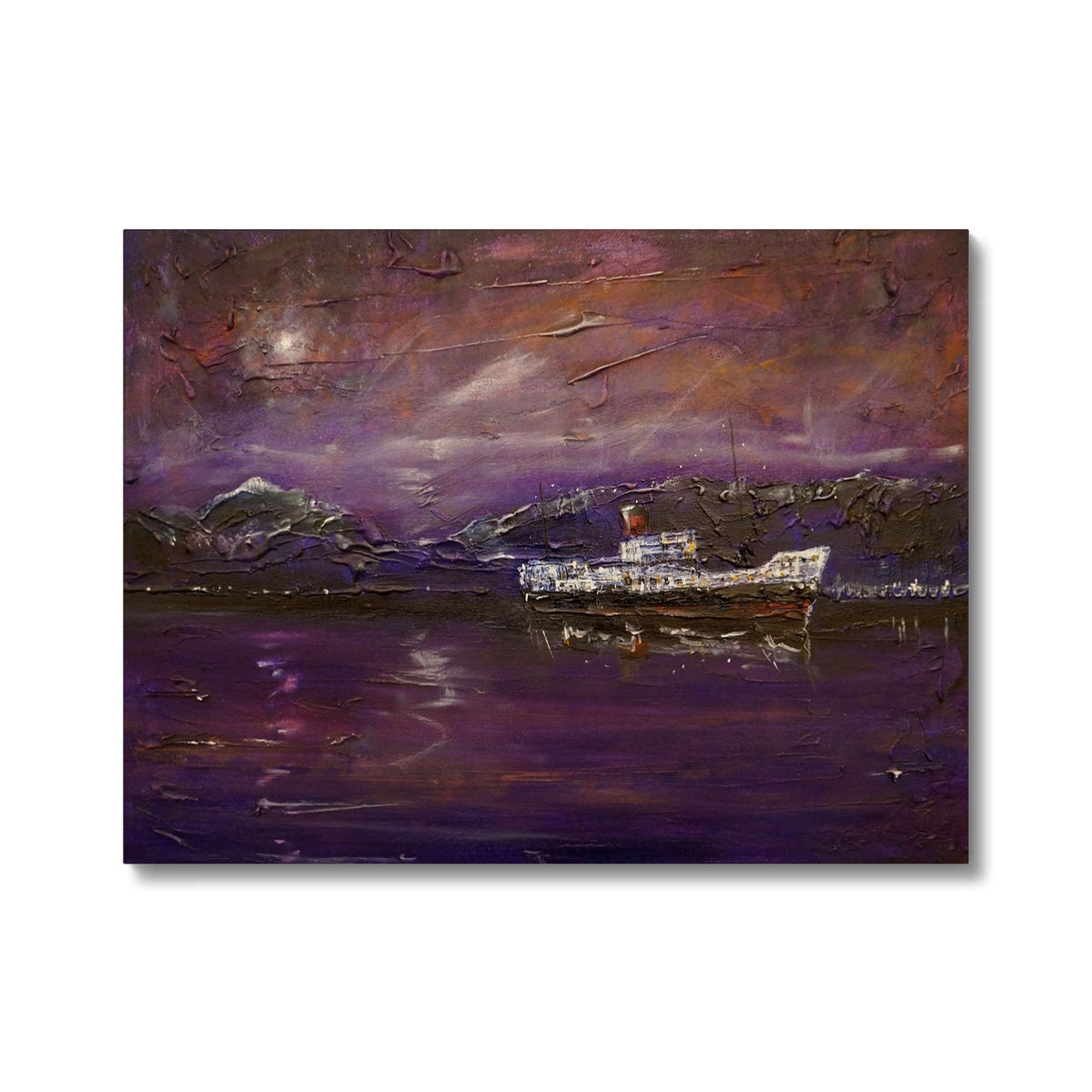 Maid of the Loch Moonlight: Purple and White Boat Canvas Print