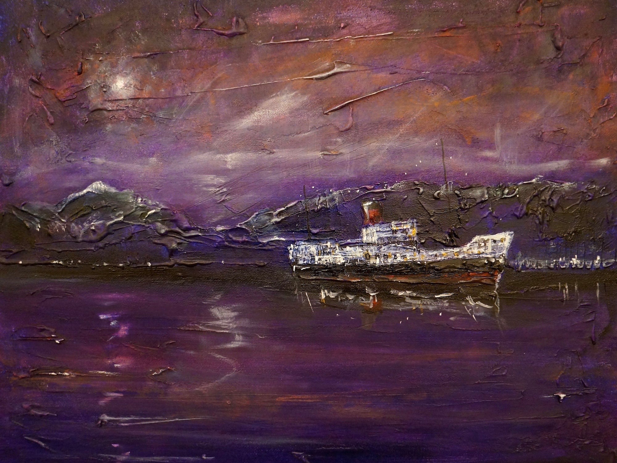 Vibrant textured oil painting of a ship at sea under twilight sky in Maid Of The Loch Moonlight Original Painting