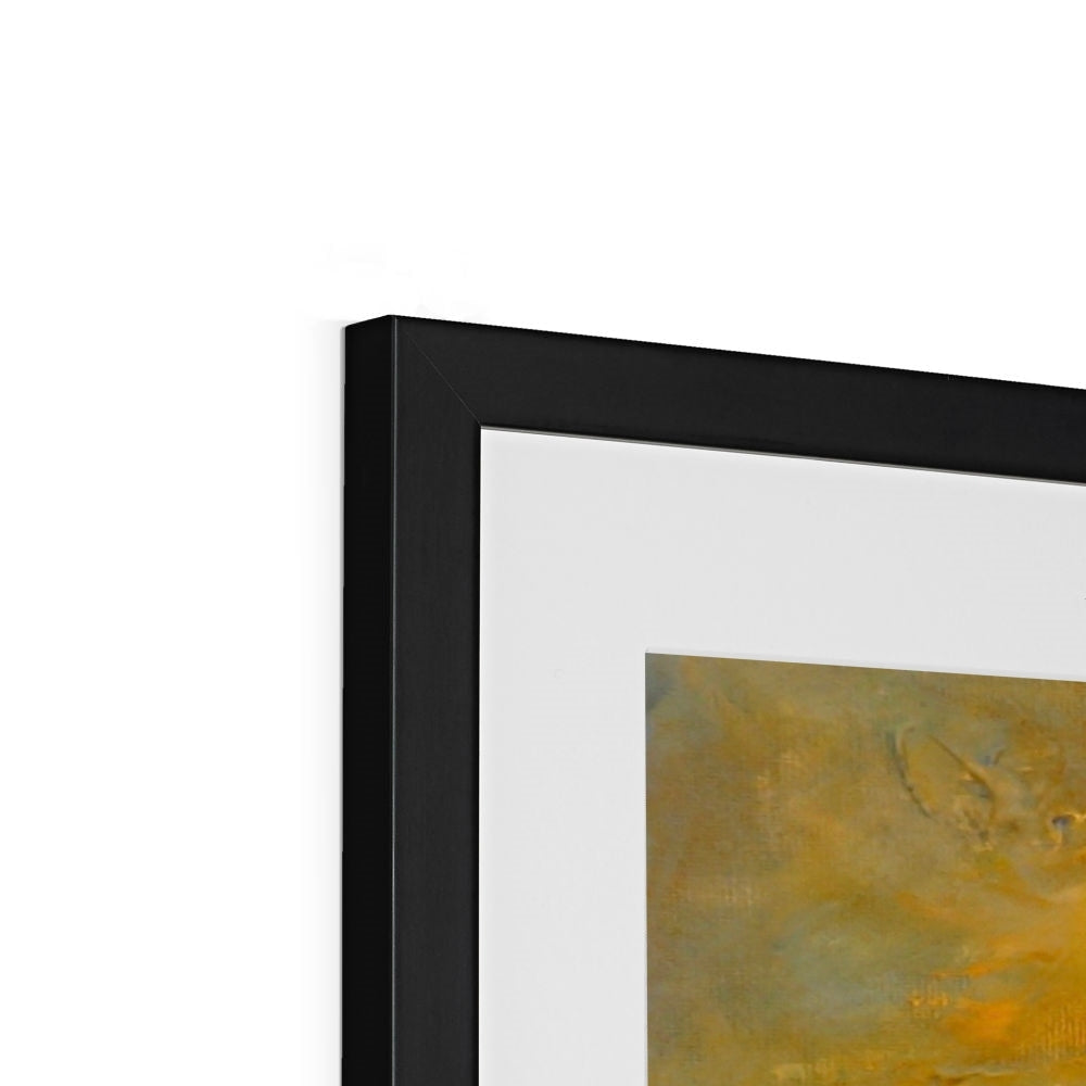 Black framed abstract Maid of the Loch Sunset print with golden ochre brushstrokes