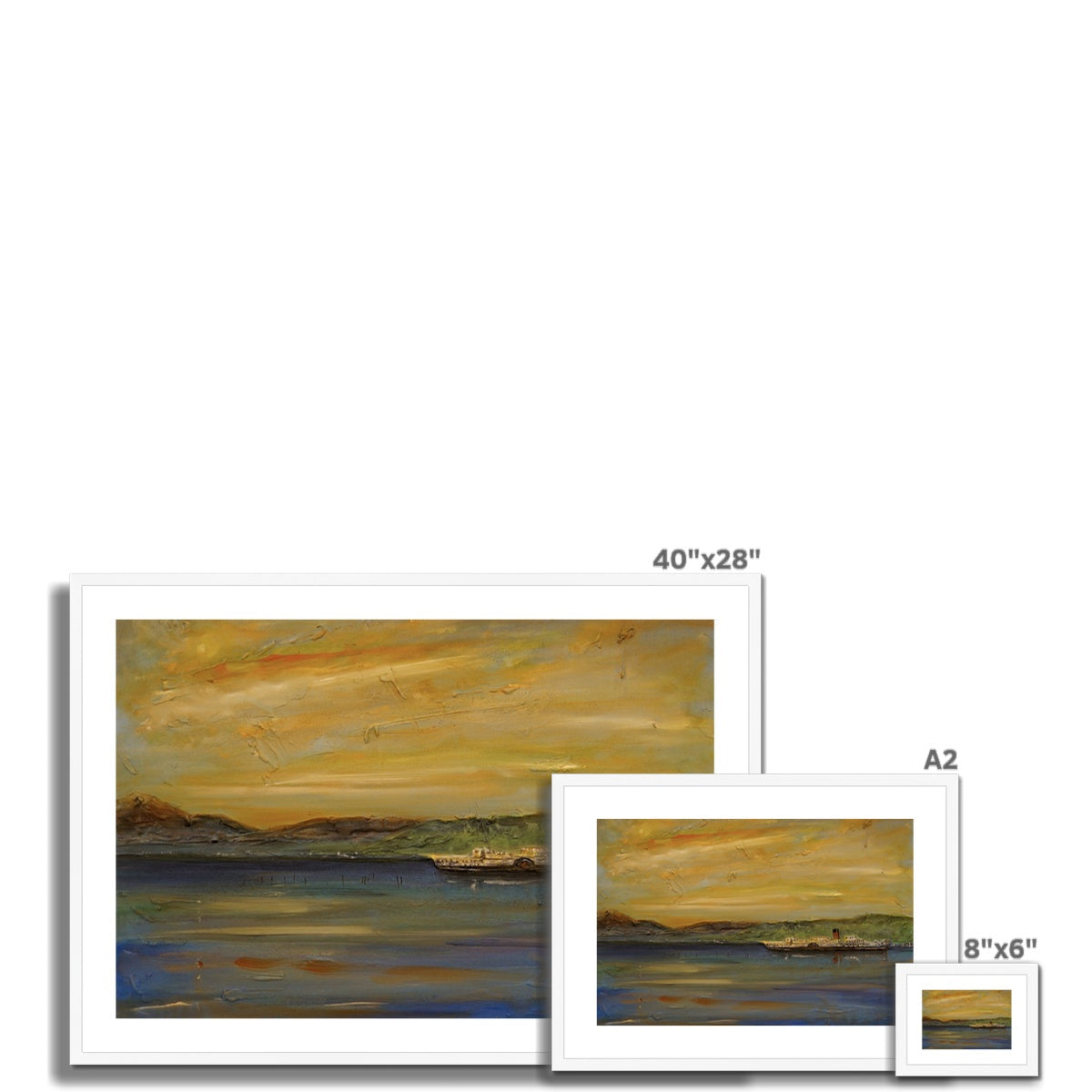 Framed Maid Of The Loch Sunset abstract print with golden skies over blue waters