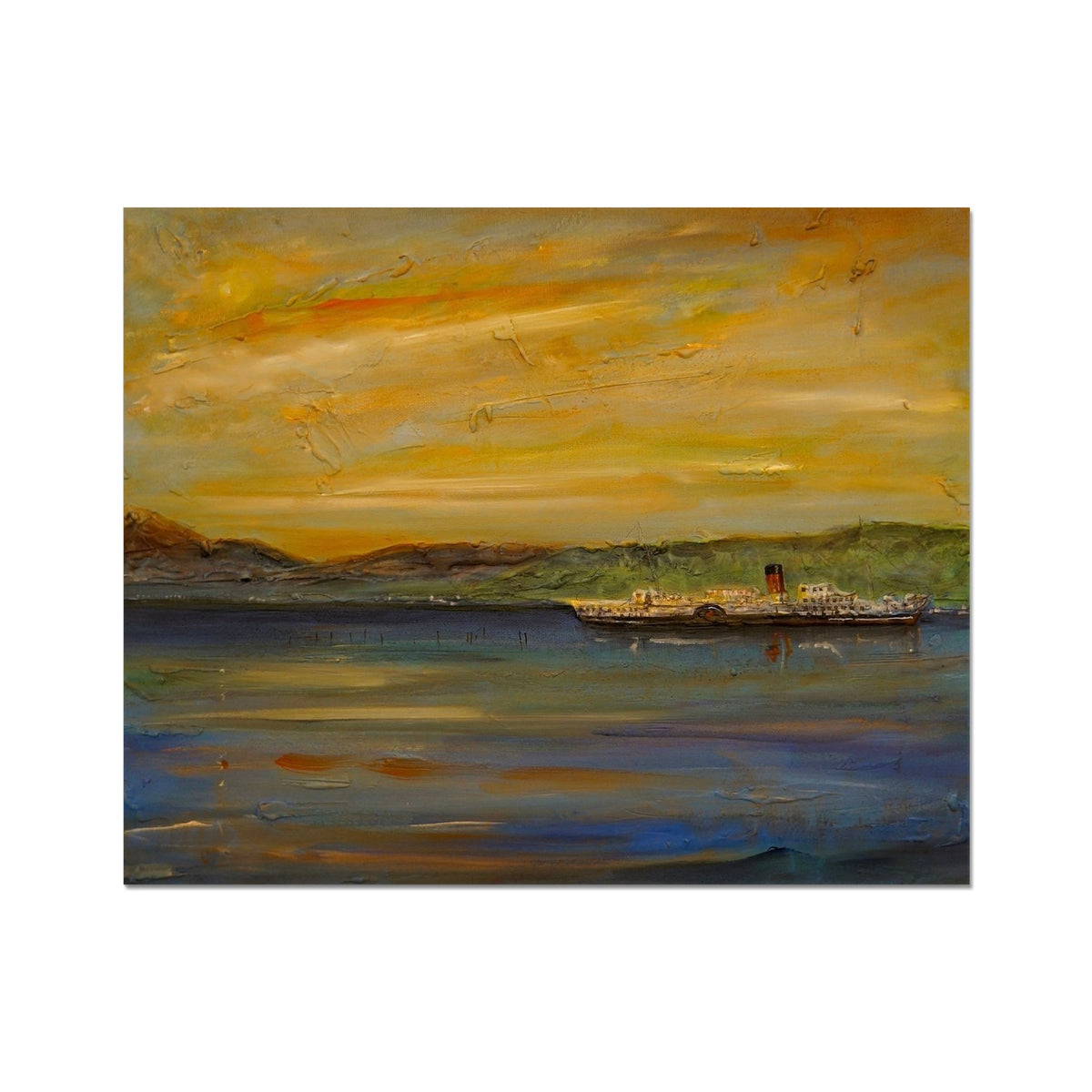 Serene oil painting of Maid of the Loch steamship at sunset
