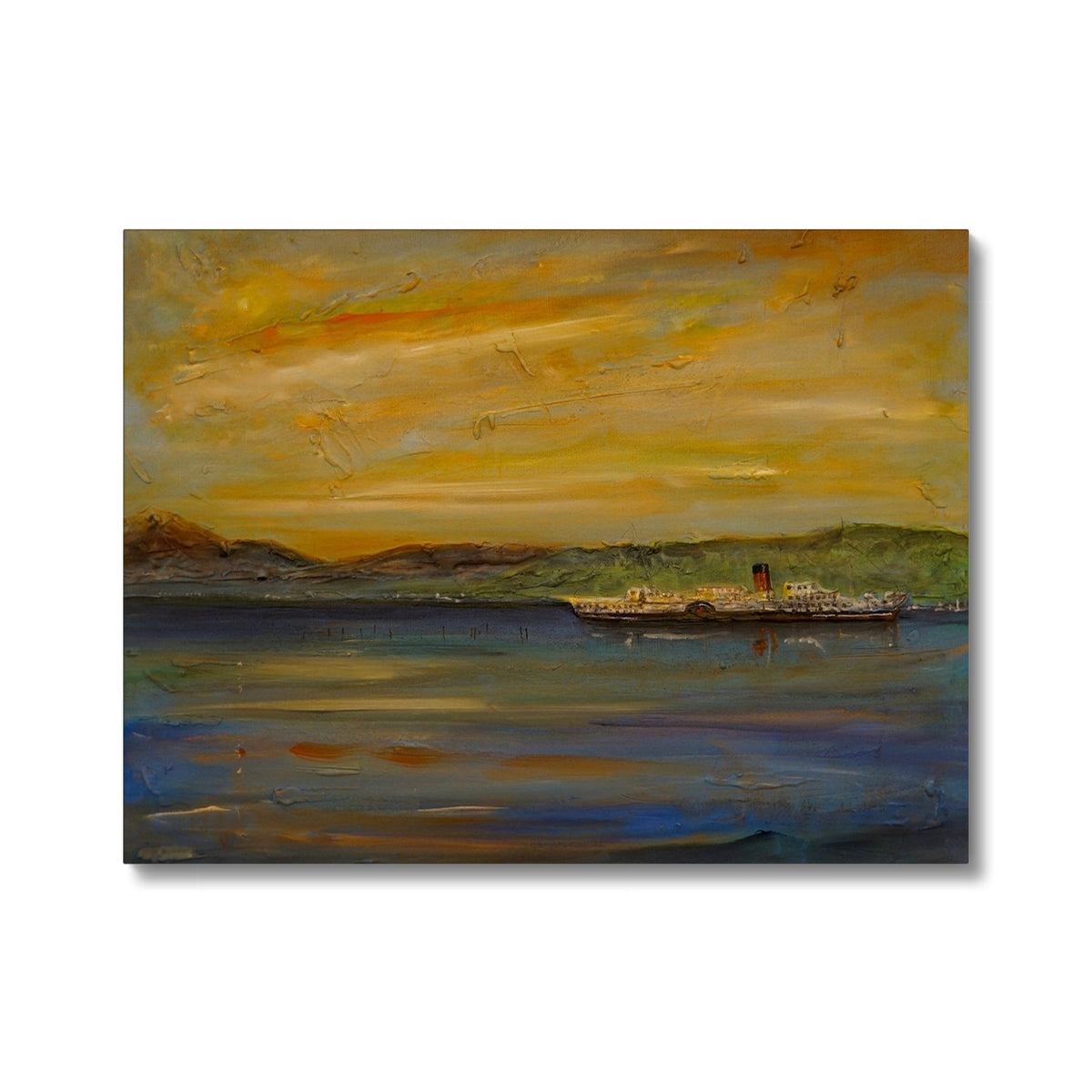 Oil painting of Maid of the Loch steamship at sunset on calm water