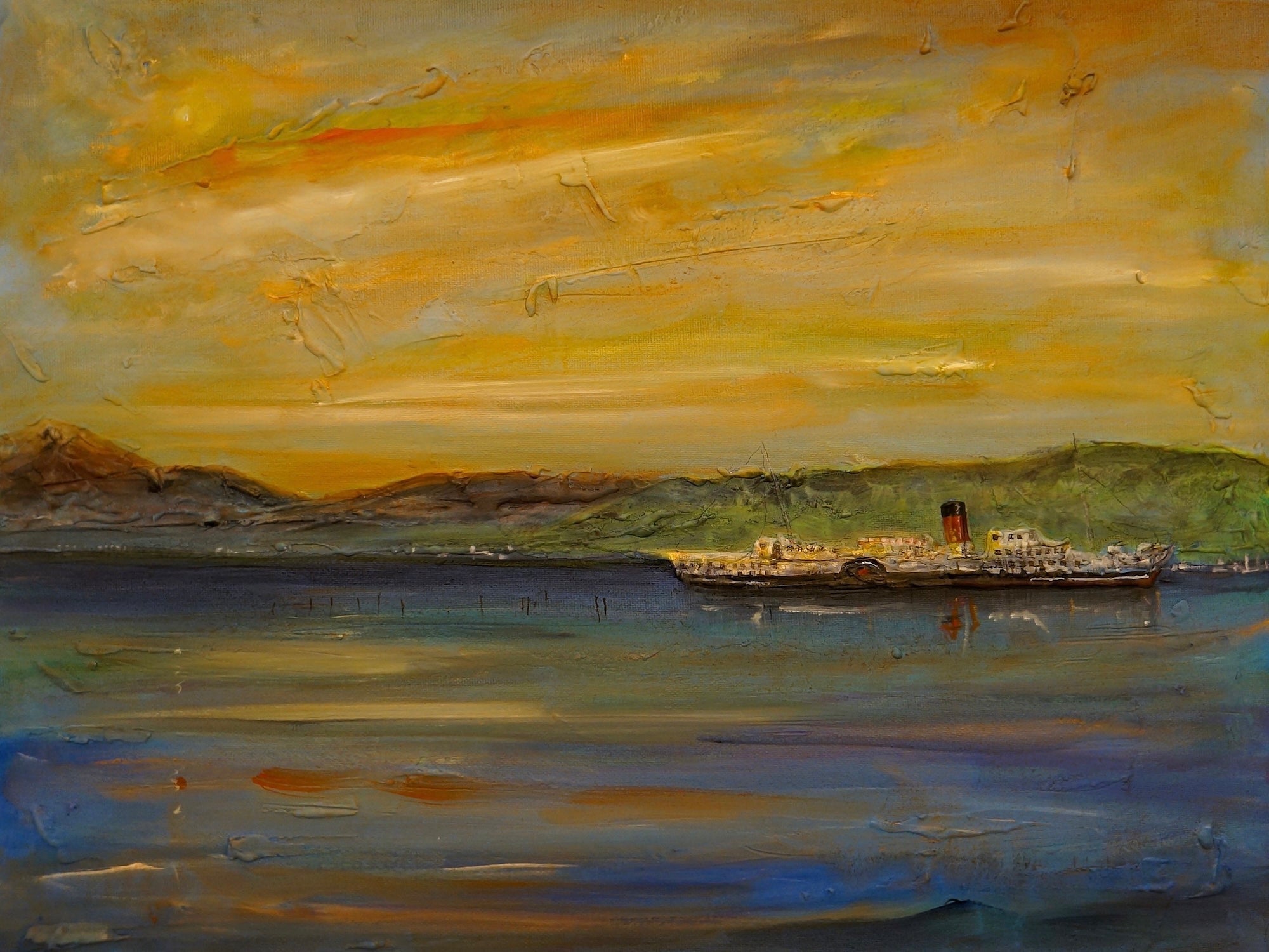 Maid Of The Loch Sunset Original Painting featuring a paddle steamer with a black and red smokestack
