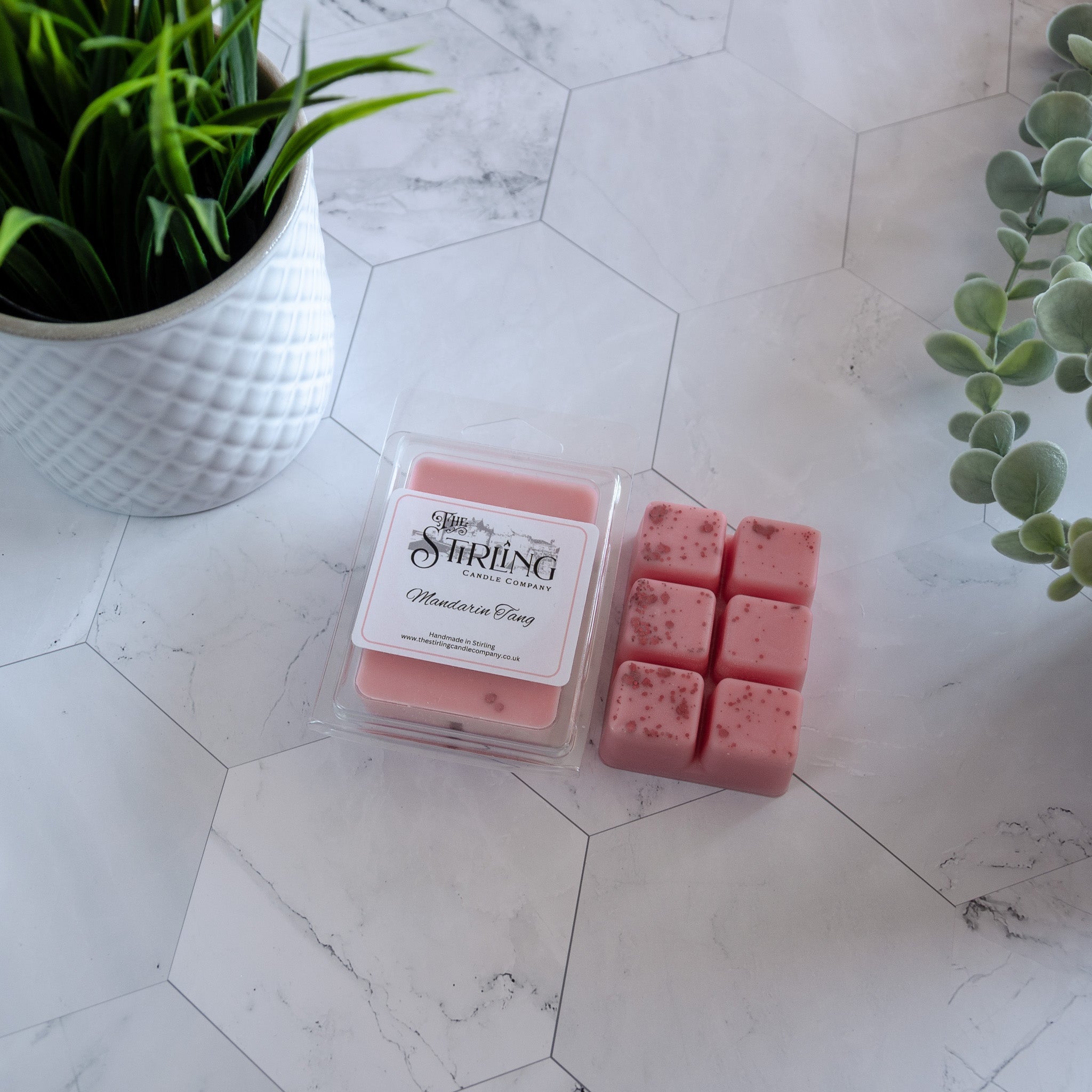 Pink Mandarin Tang wax melts in clear clamshell from Stirling Candle Company