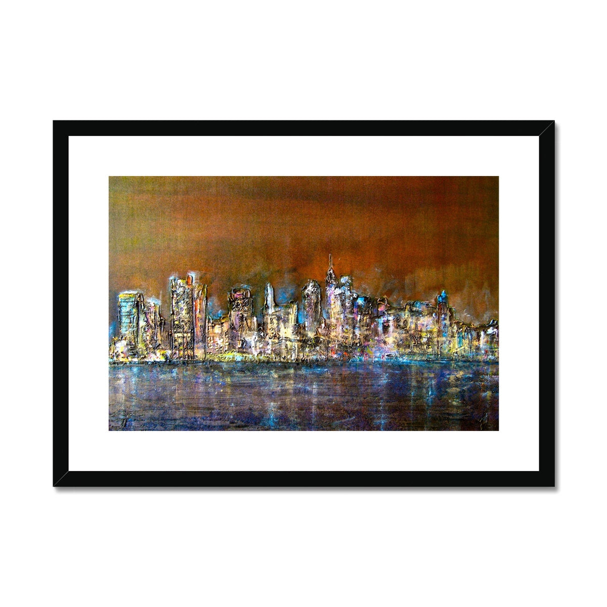 Black framed Manhattan Nights art print with urban skyline reflections