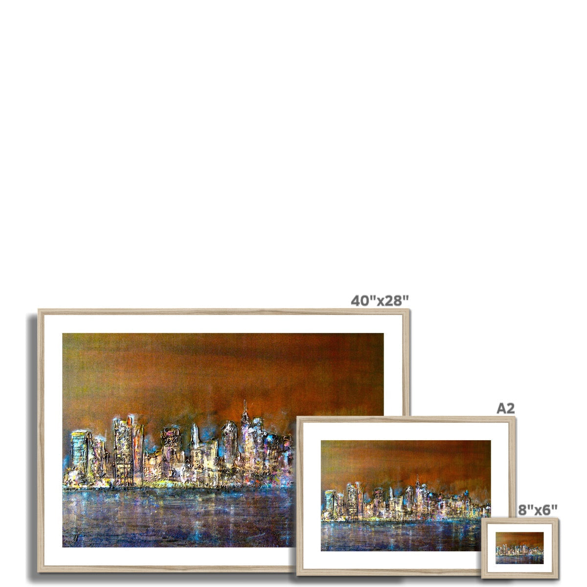 40x28 inch framed Manhattan Nights abstract cityscape print in earth tones
