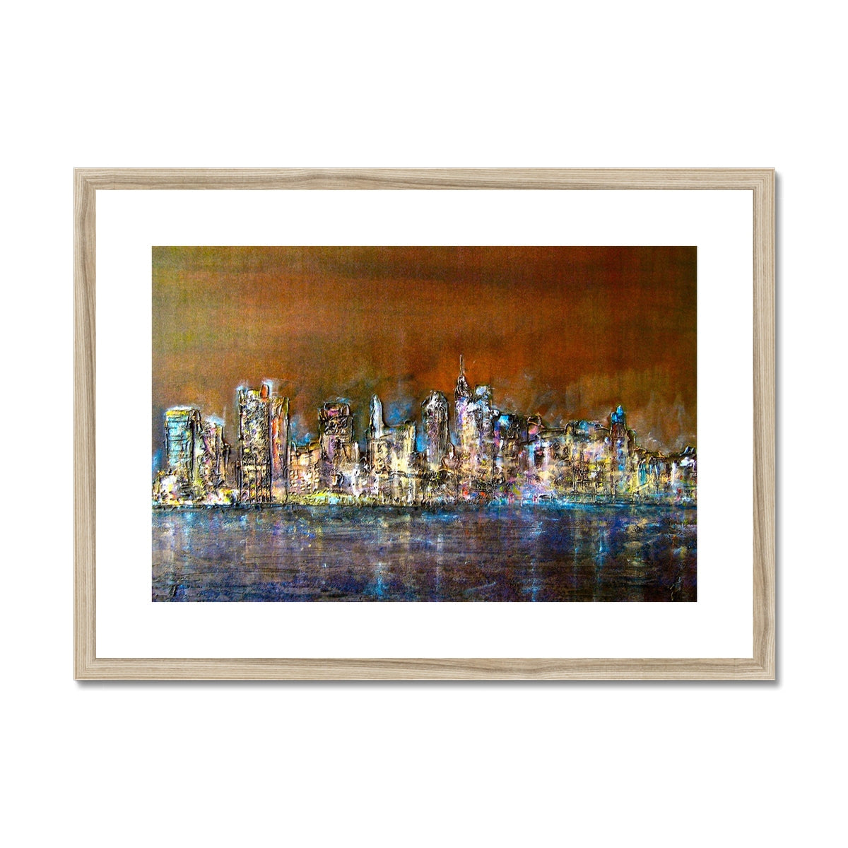 Manhattan Nights wooden framed cityscape print with abstract skyscrapers