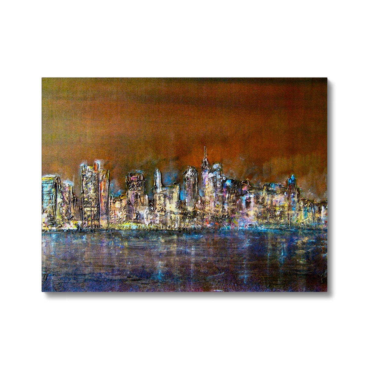 Vibrant Manhattan Nights canvas print of modern cityscape with lights and reflective water