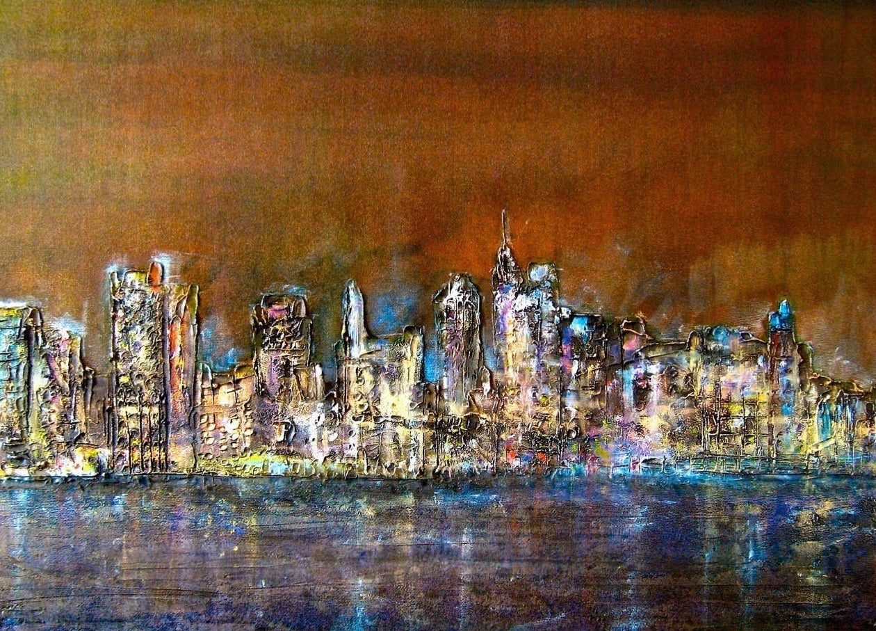 Impressionistic Manhattan Nights cityscape painting in a stylish frame