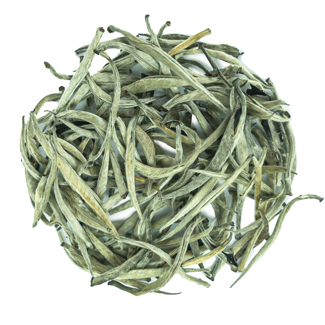 Maratenna Ceylon Silver Tips: pile of delicate slender white tea leaves with silver tips