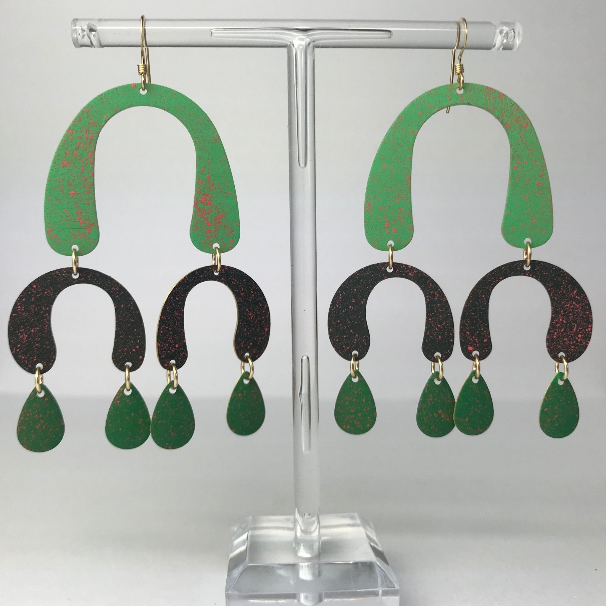 Green and black glittery layered drop earrings with gold hooks, Masca Kite by Lindsay Mcdowall Jewellery