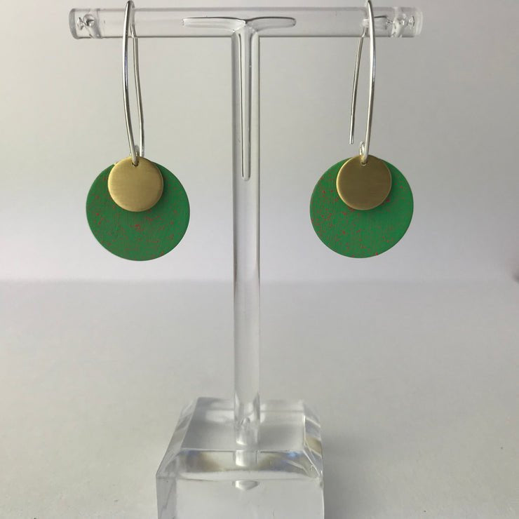 Masca small dot green and gold double-circle drop earrings by Lindsay Mcdowall Jewellery