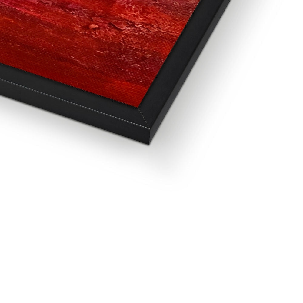 Meg Framed Print with black frame and textured deep red artwork