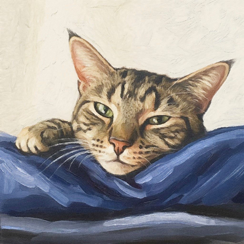 Mitzi original tabby cat oil portrait with green eyes on blue fabric