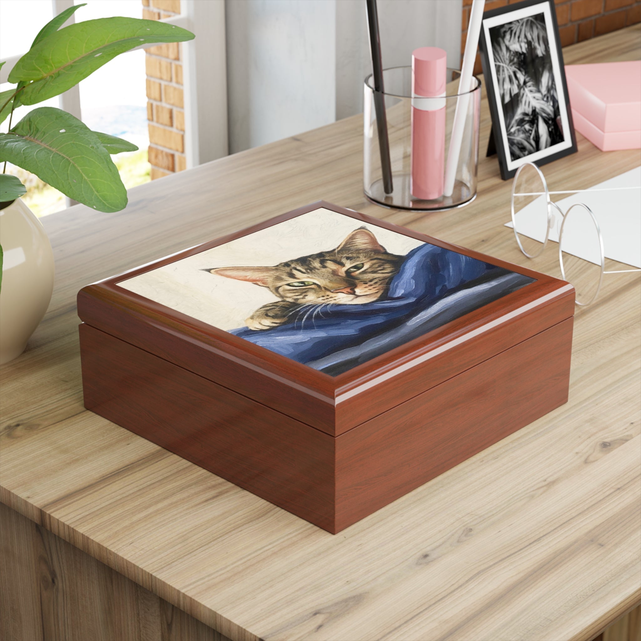 Mitzi pet portrait jewellery box with sleeping tabby cat on blue blanket