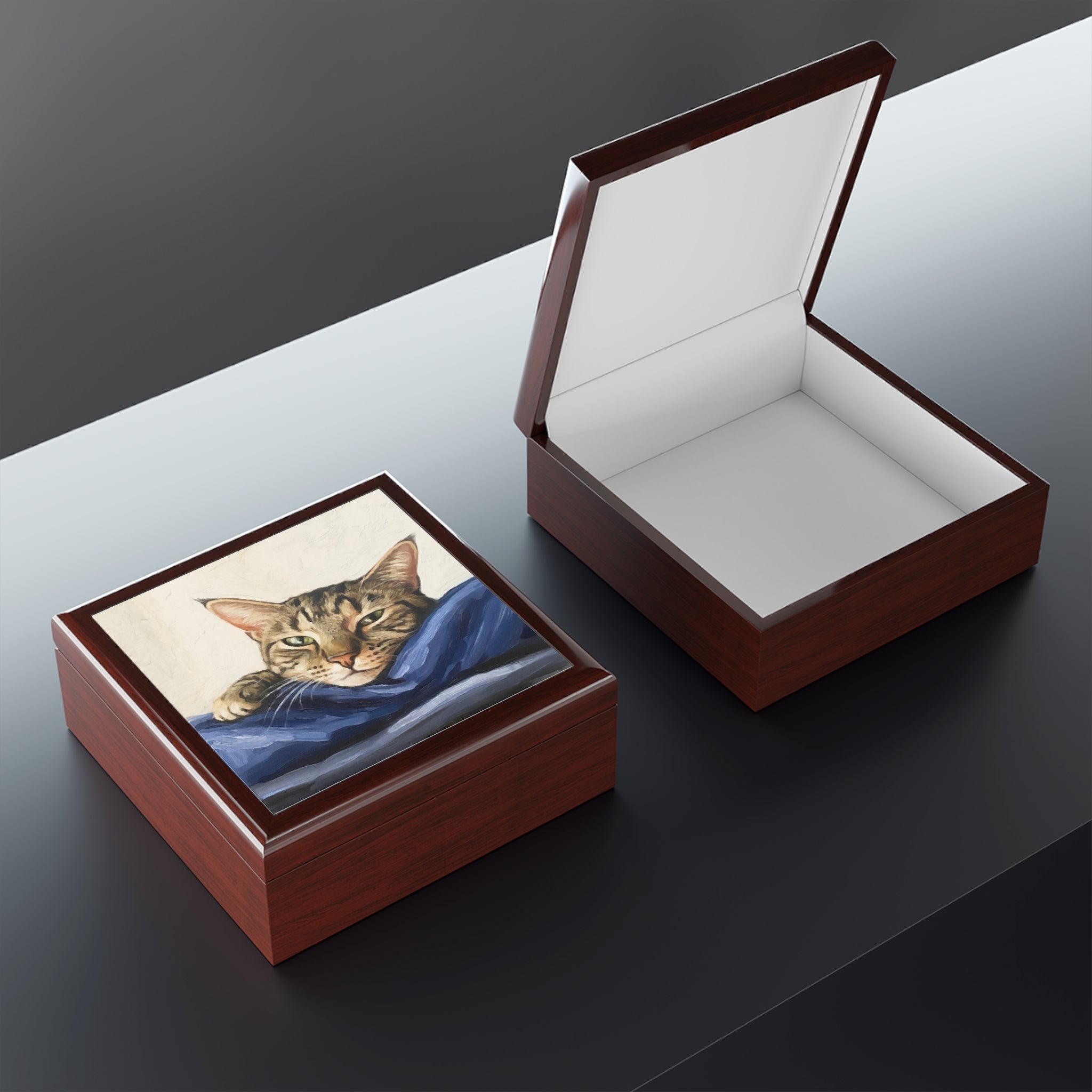 Mitzi tabby cat portrait polished dark wood square jewellery box