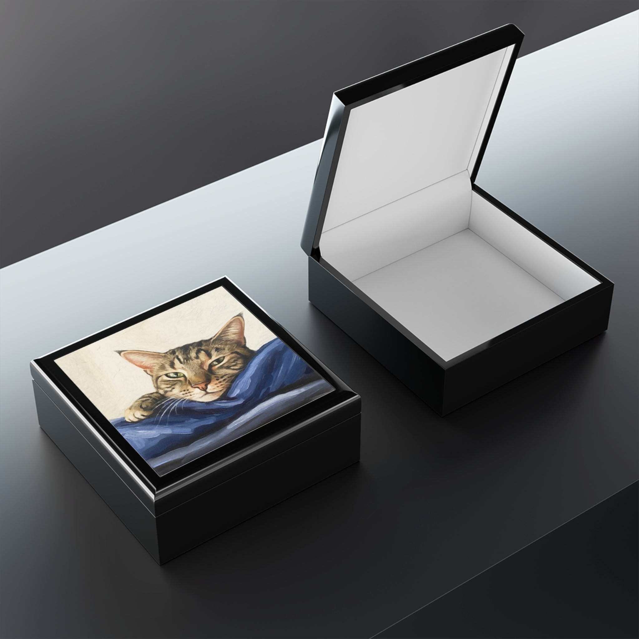 Mitzi black glossy tabby cat keepsake box with blue fabric lid