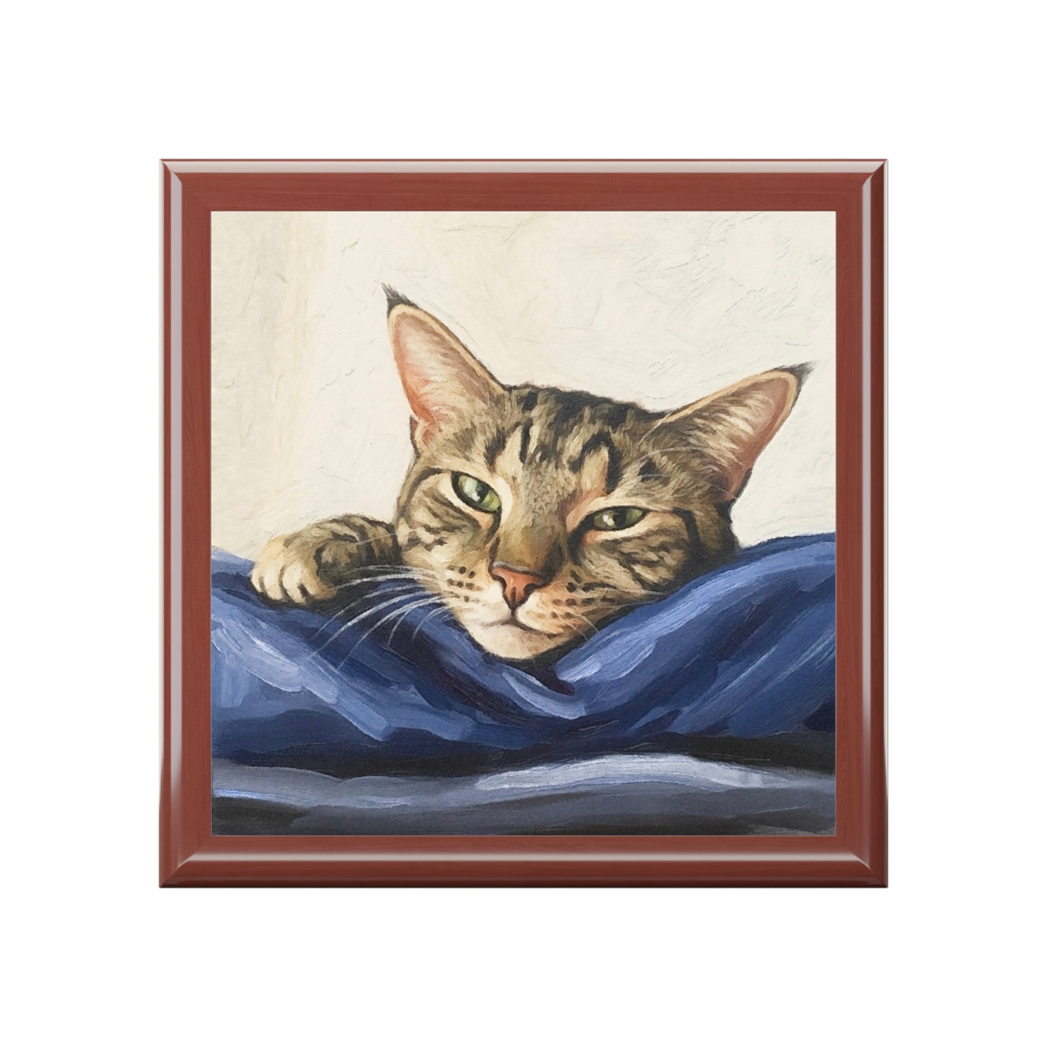 Mitzi tabby cat oil painting on ceramic tile in reddish-brown frame