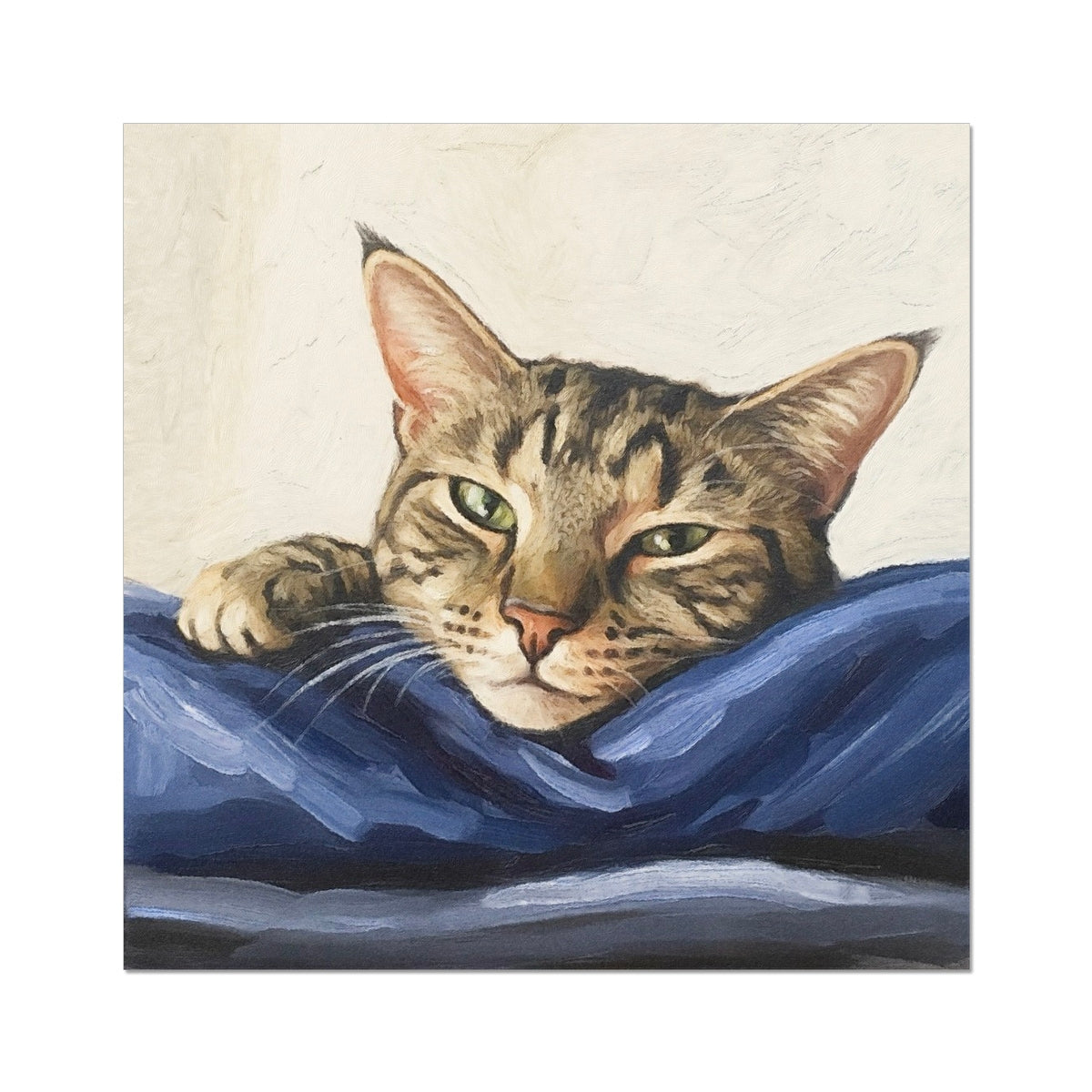 Mitzi tabby cat pet portrait oil painting on blue fabric