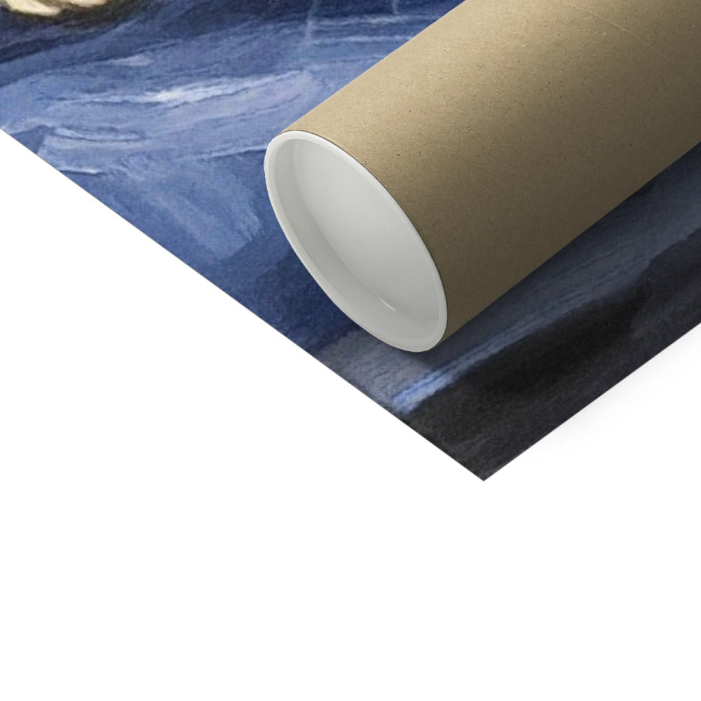 Mitzi brown cardboard tube with white lining on blue abstract art print