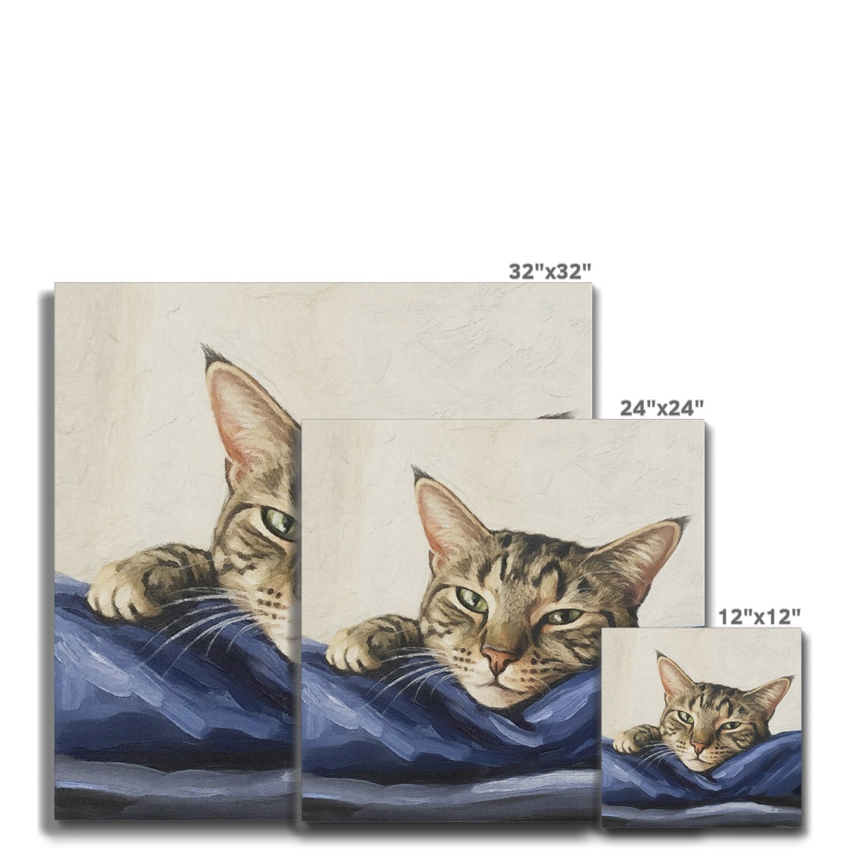 Framed realistic tabby cat portrait with green eyes on blue fabric by Mitzi Pet Portraits Scotland UK