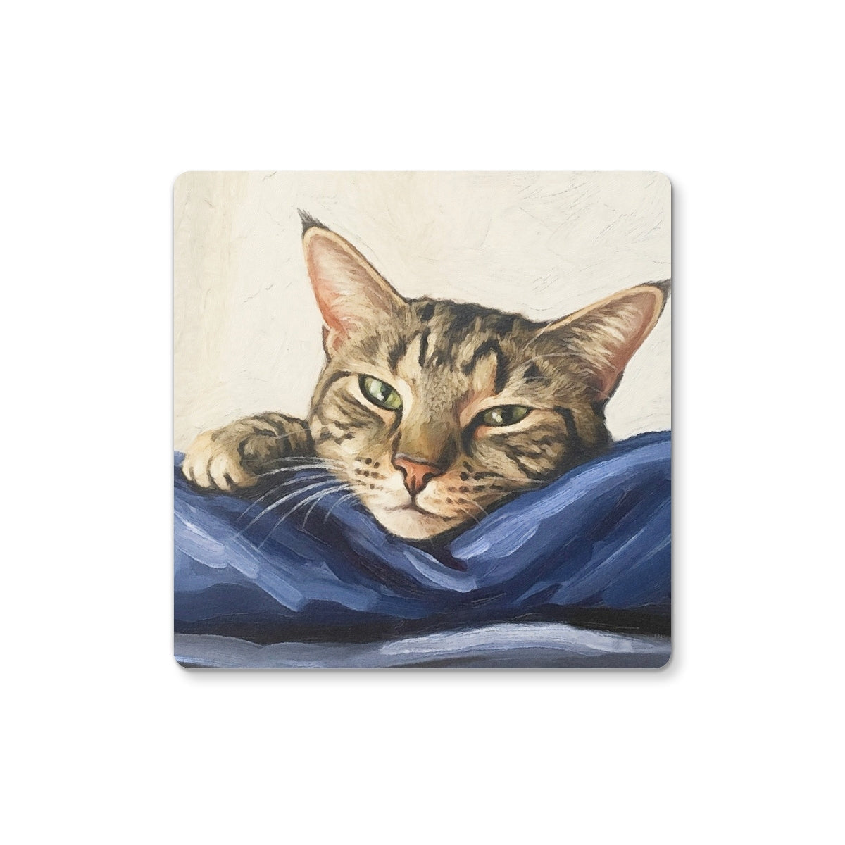 Square tabby cat portrait coaster on blue fabric by Mitzi Pet Portraits UK