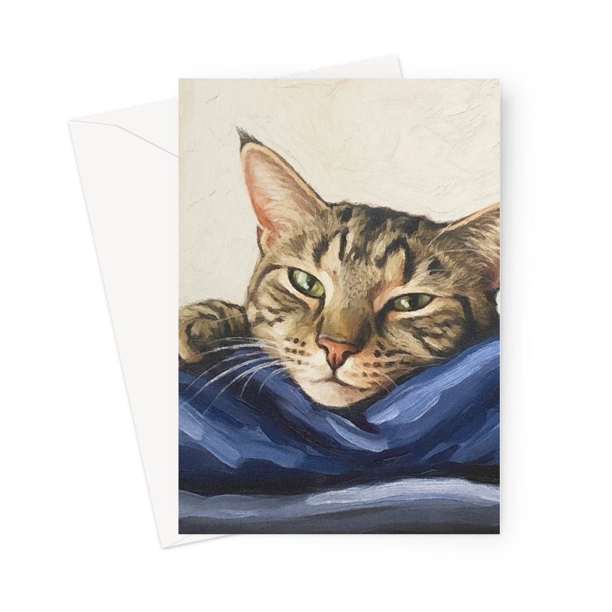 Charming tabby cat greeting card with green eyes on blue fabric, Mitzi Pet Portraits Scotland UK