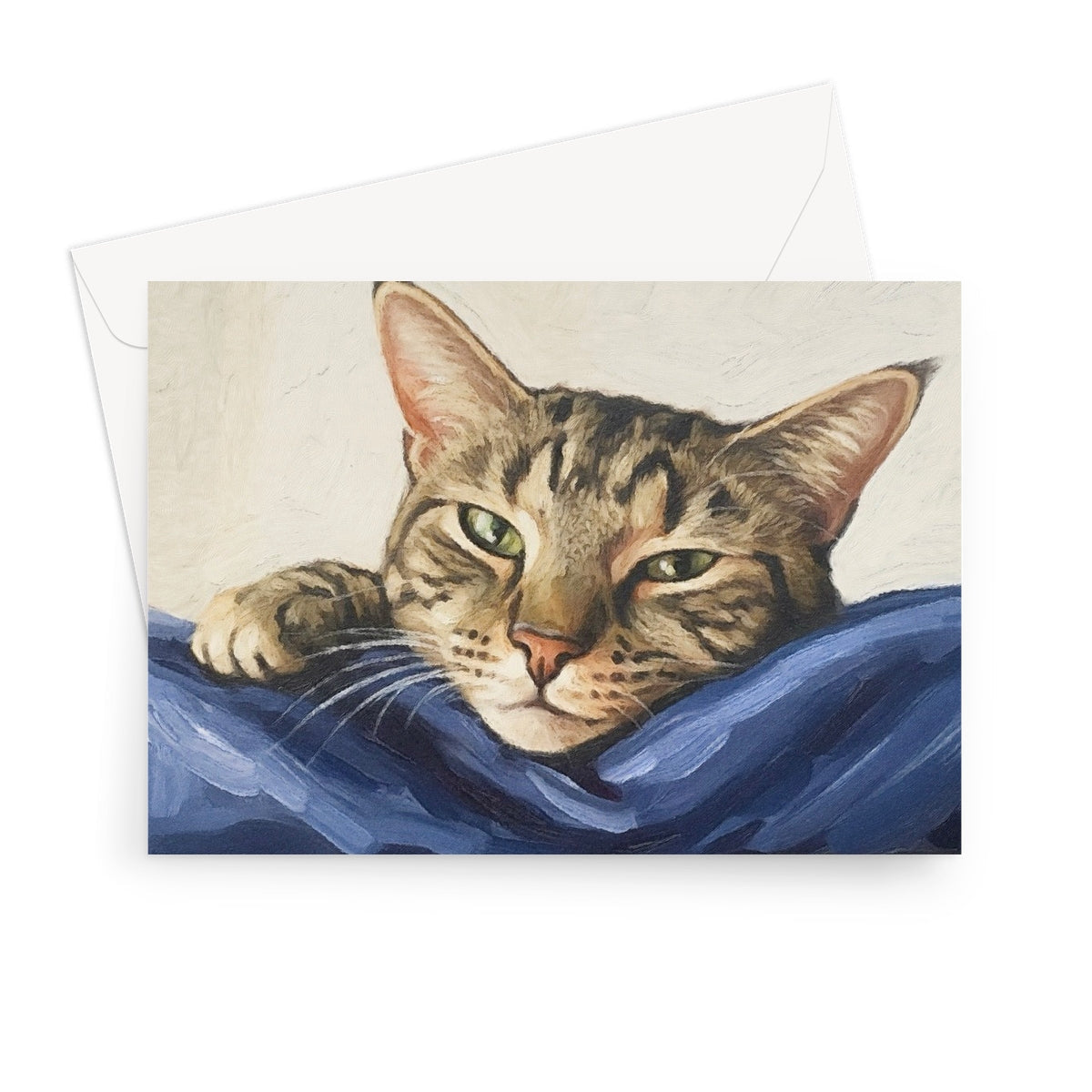 Oil painting of Mitzi tabby cat with green eyes on blue fabric greeting card