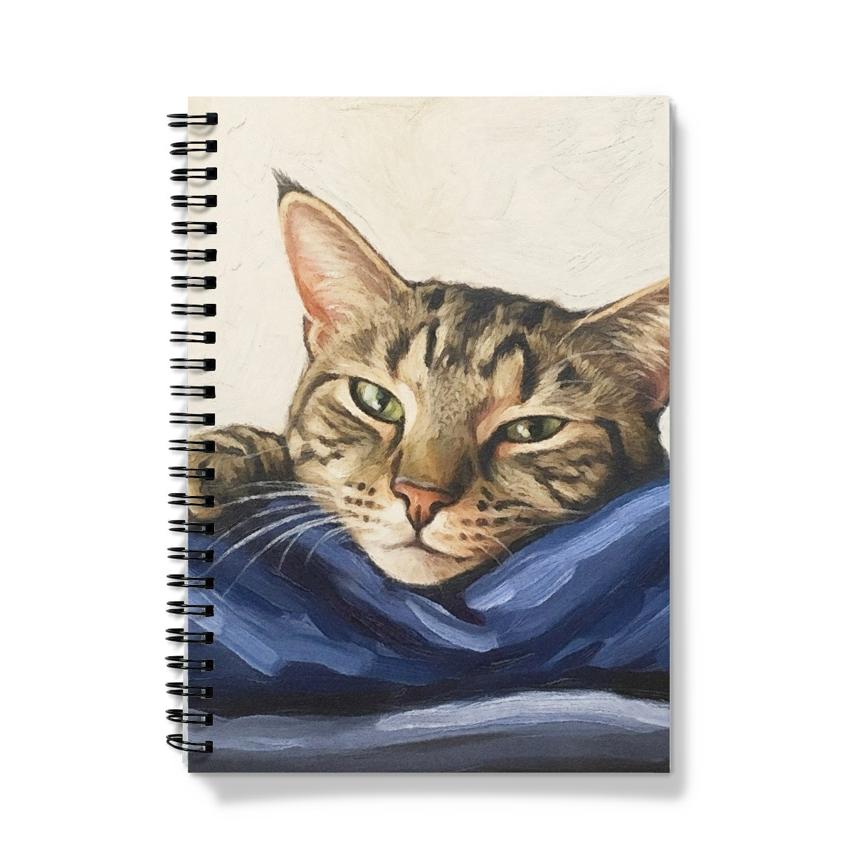 Mitzi tabby cat portrait notebook with green eyes on blue blanket
