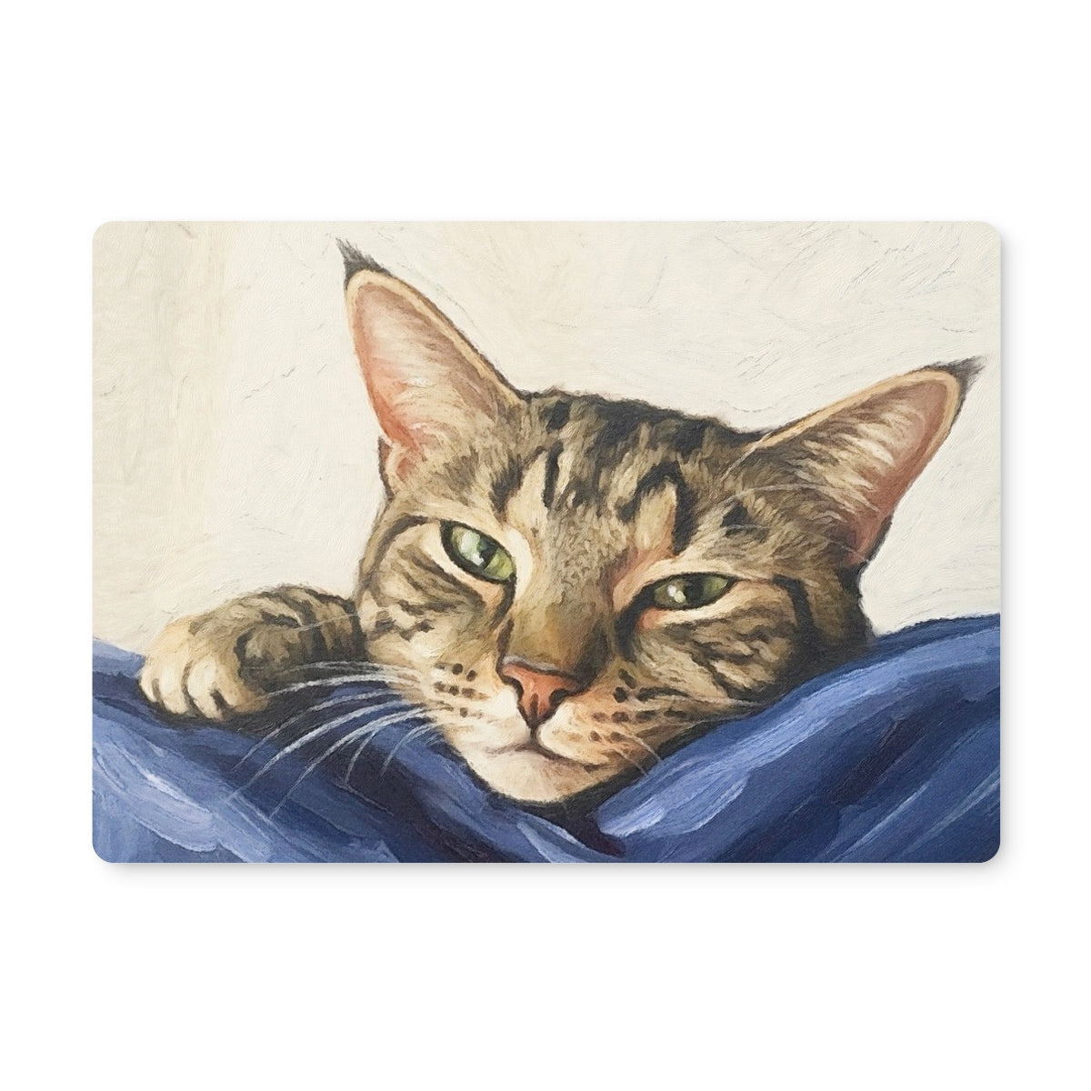 Mitzi tabby cat portrait placemat with green eyes on blue fabric