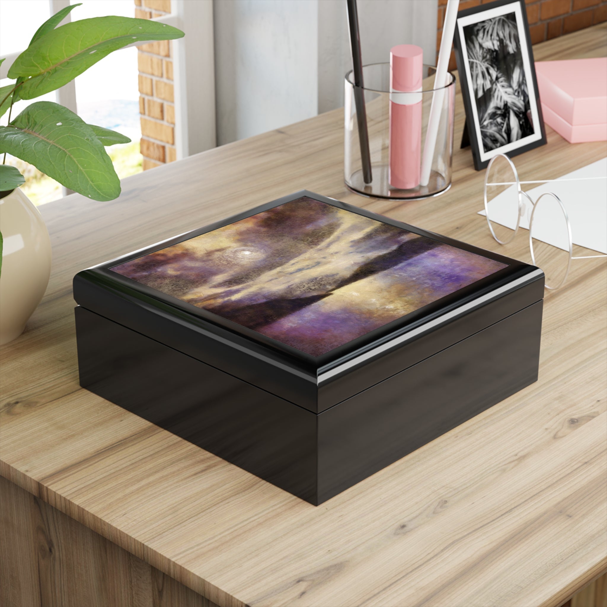 Black keepsake box with vibrant abstract art print lid from Moonlight Meets Lewis & Harris Scotland